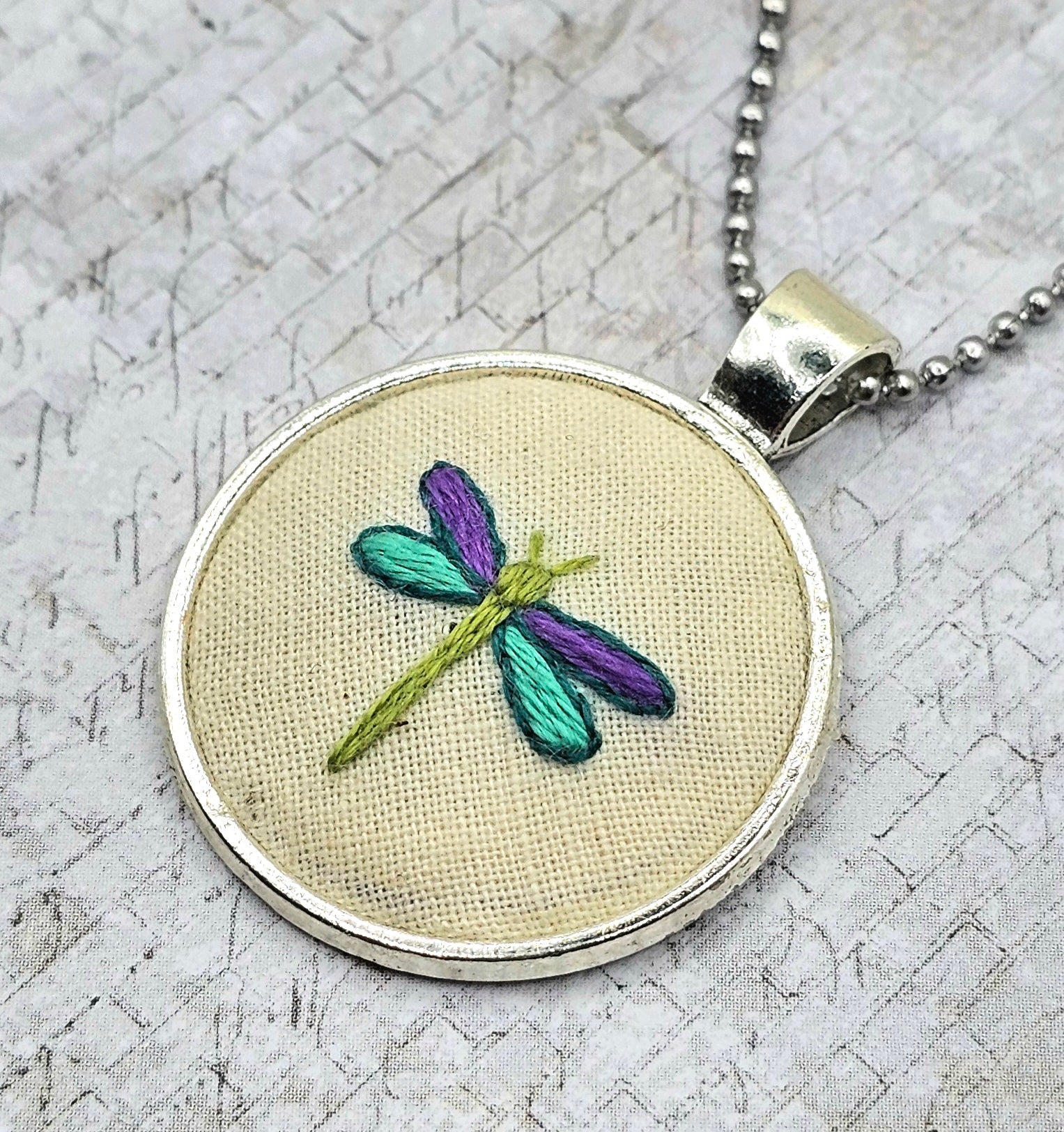 Dragonfly Necklace - Silver - Hand Embroidery