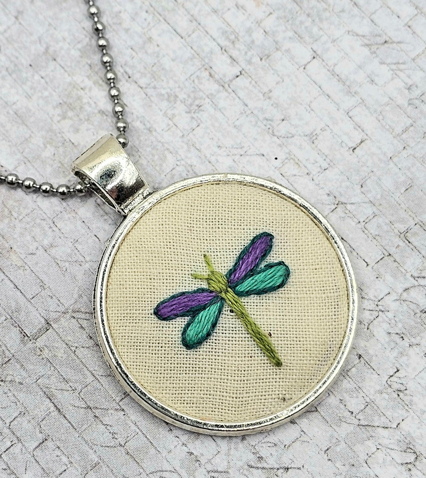 Dragonfly Necklace - Silver - Hand Embroidery