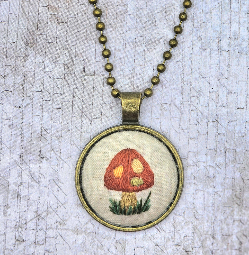 Mushroom Necklace -  Brass - Hand Embroidery