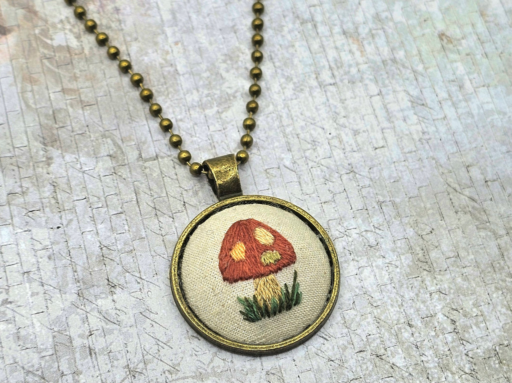 Mushroom Necklace -  Brass - Hand Embroidery