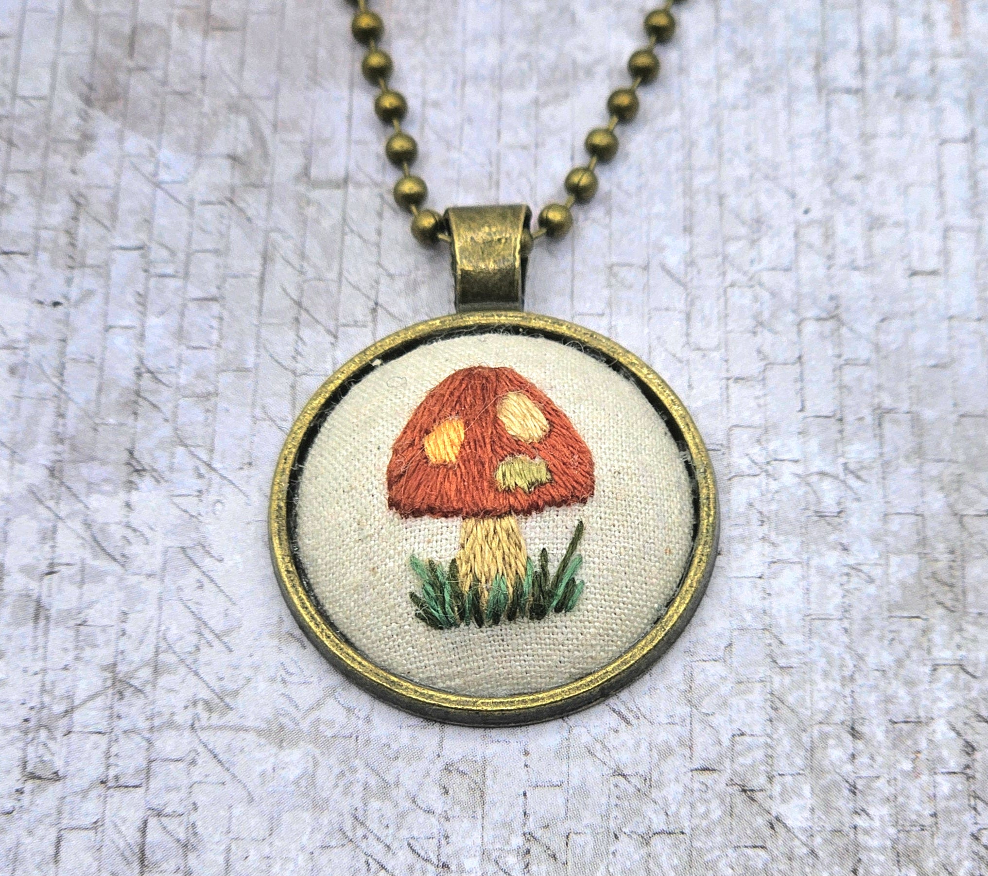 Mushroom Necklace -  Brass - Hand Embroidery