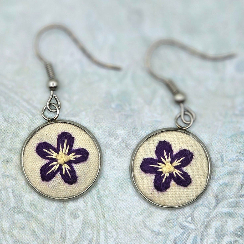 Flower Earrings - Silver - Purple/Yellow - Hand Embroidery