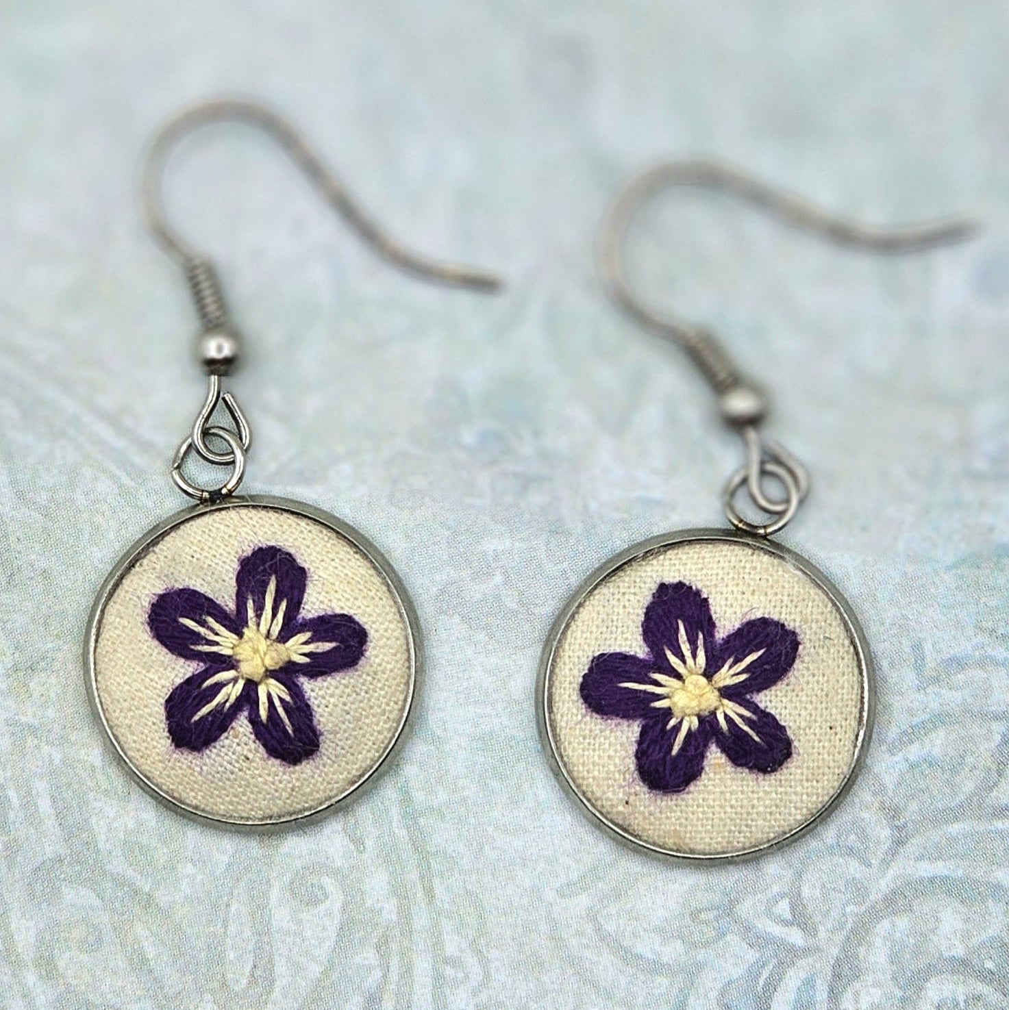 Flower Earrings - Silver - Purple/Yellow - Hand Embroidery