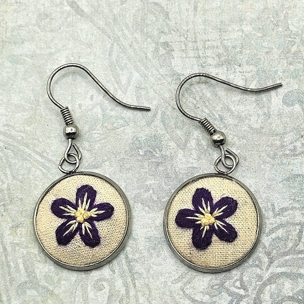 Flower Earrings - Silver - Purple/Yellow - Hand Embroidery