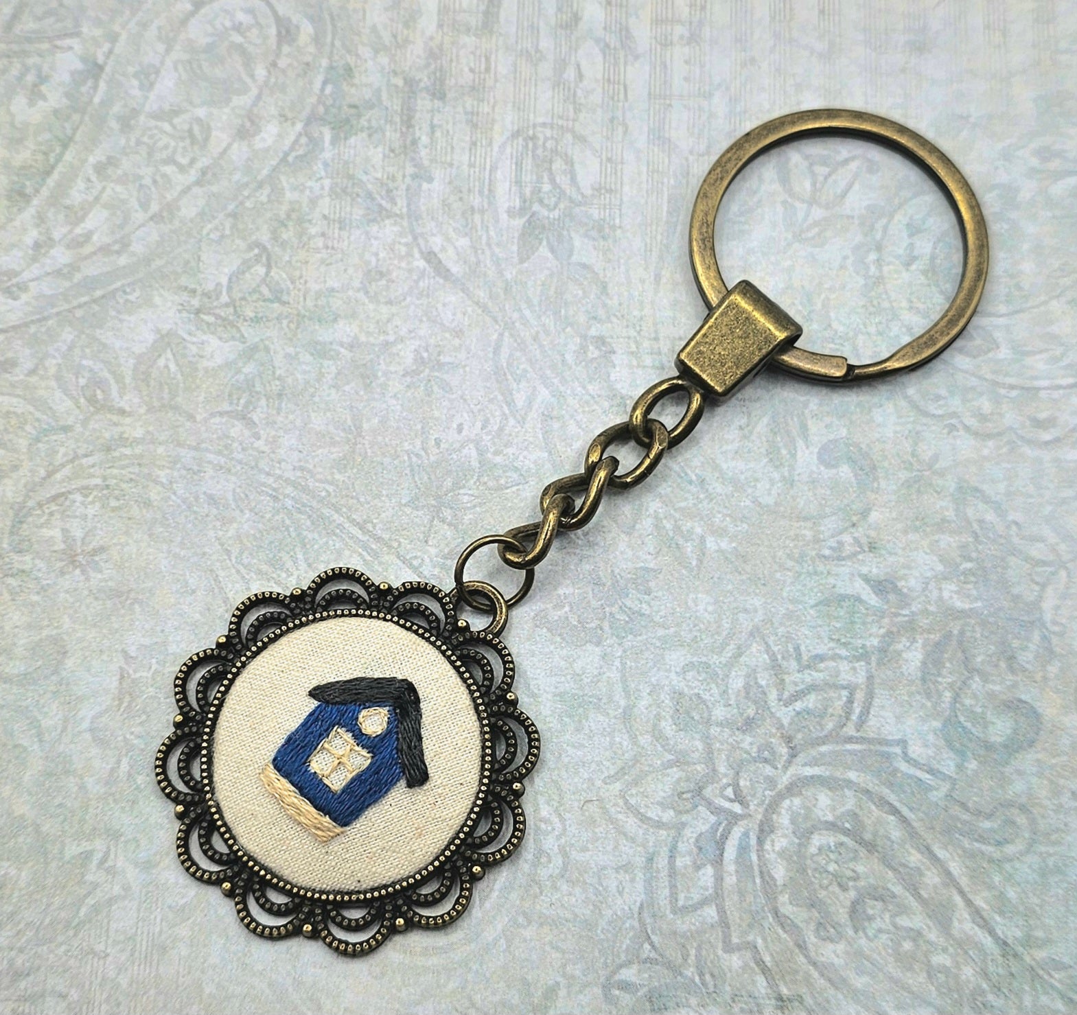 House Keychain - Brass - Hand Embroidery