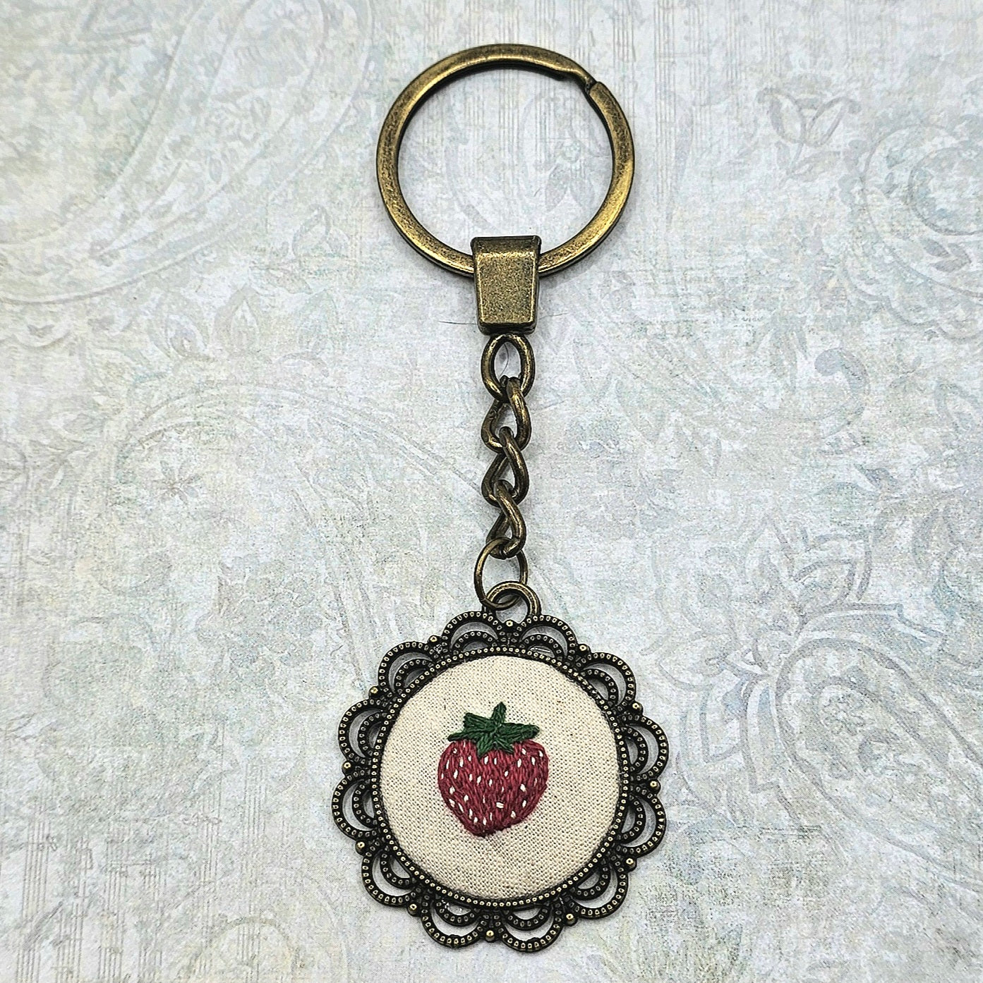 Strawberry Keychain - Brass - Hand Embroidery