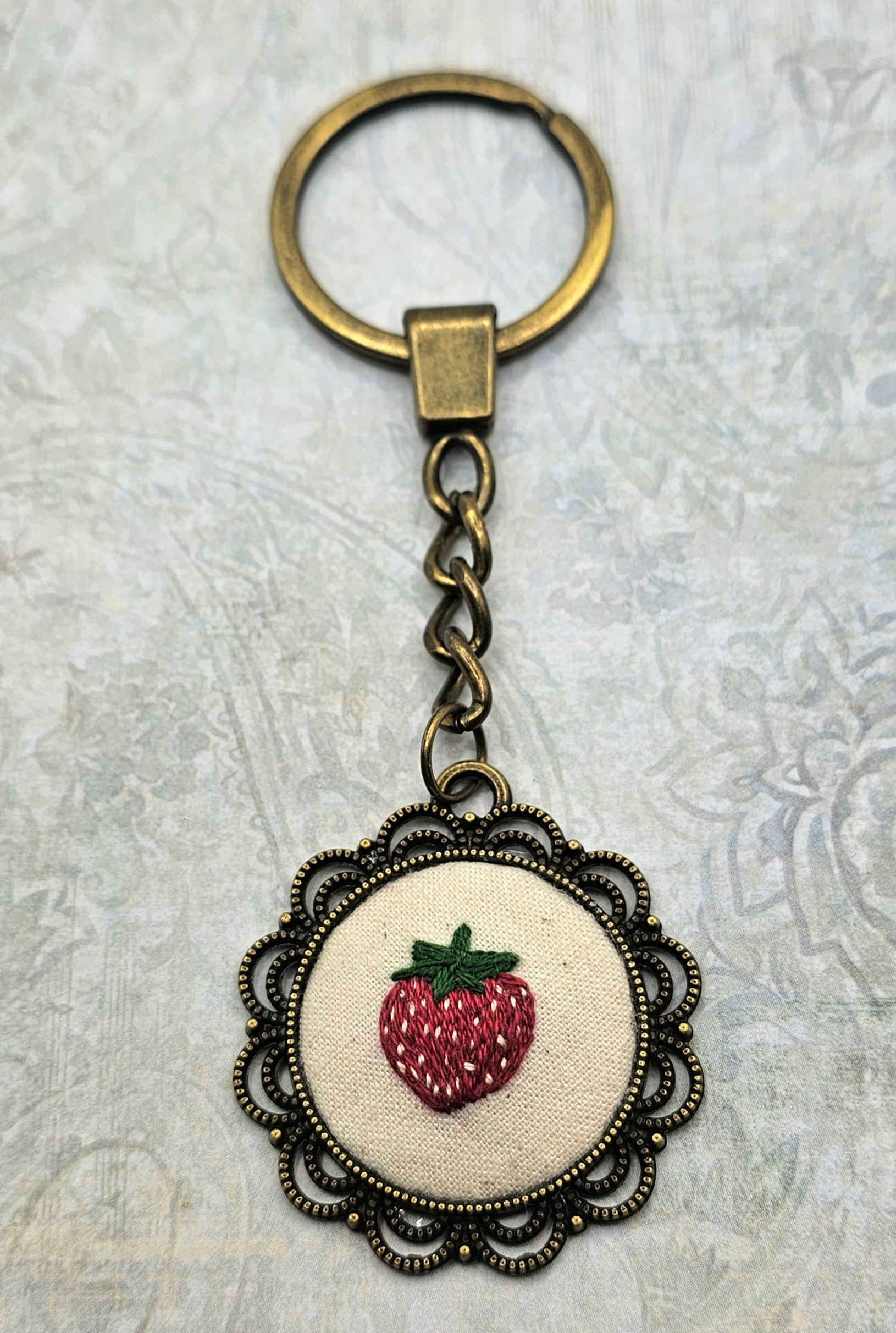 Strawberry Keychain - Brass - Hand Embroidery