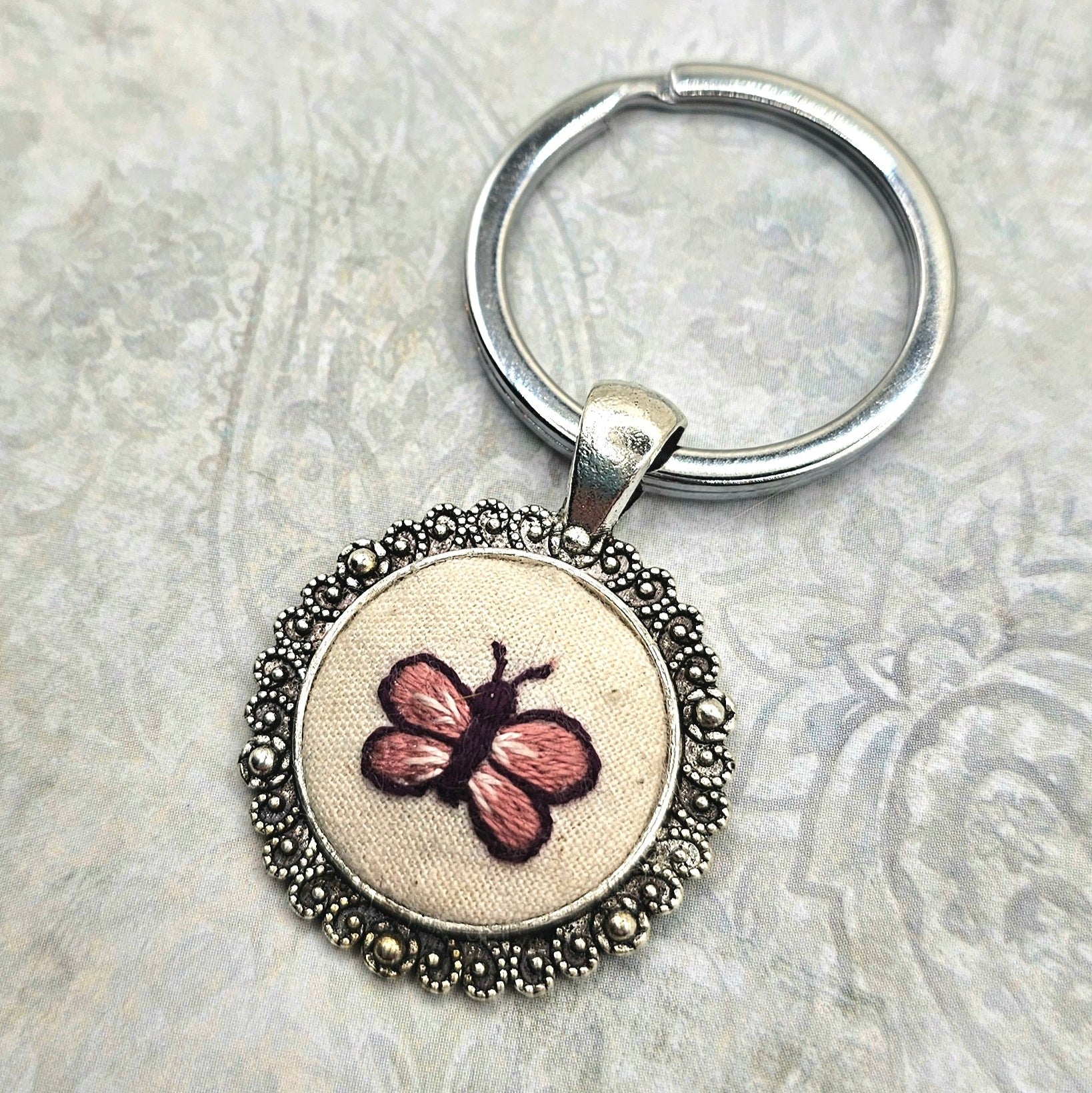 Butterfly Keychain - Silver - Hand Embroidery