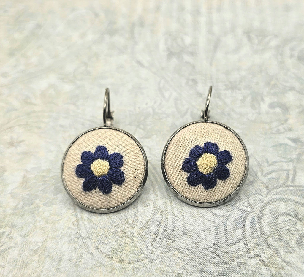 Flower Earrings Purple/Yellow - Hand Embroidery