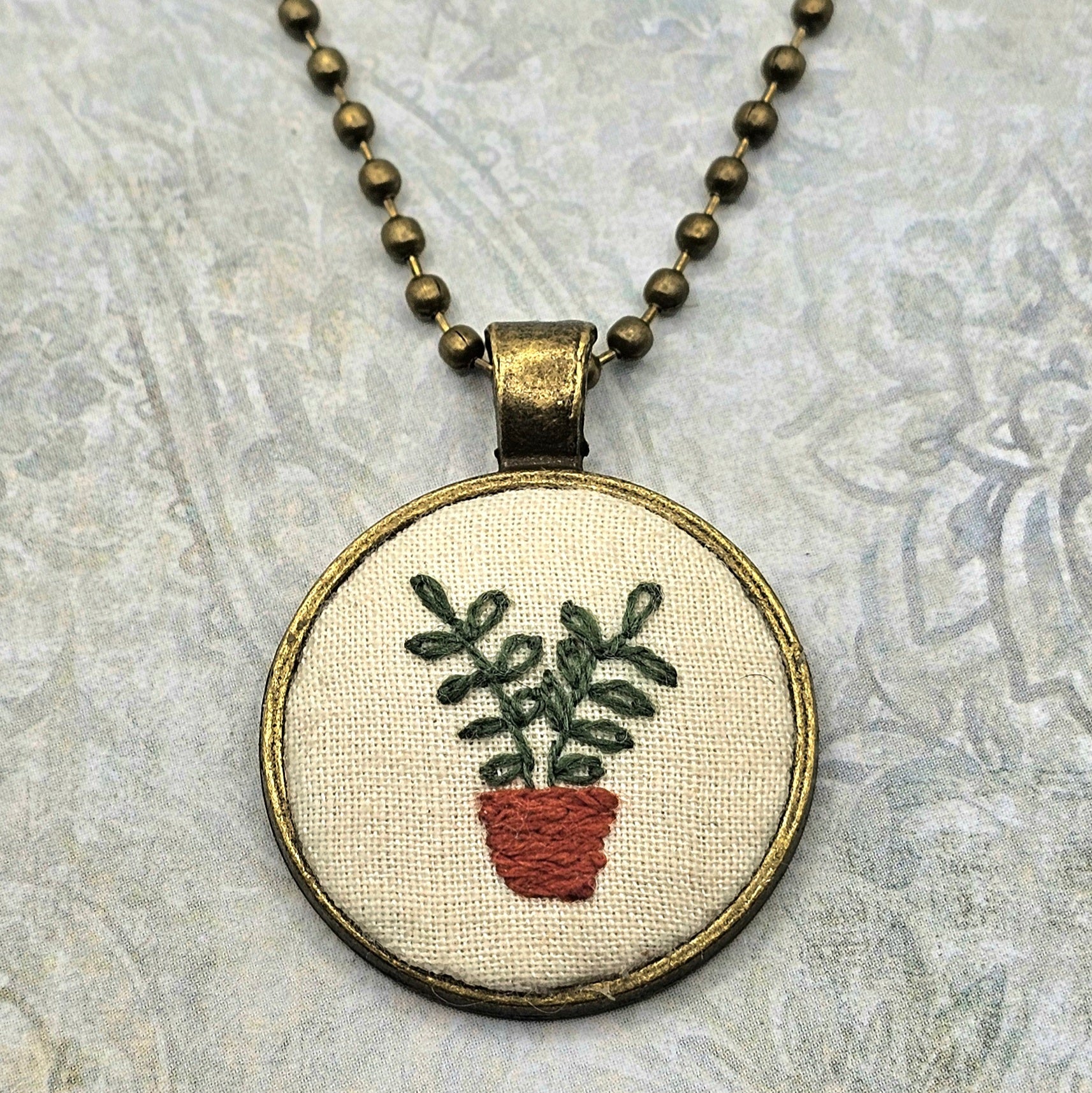 Plant Necklace -  Brass - Hand Embroidery