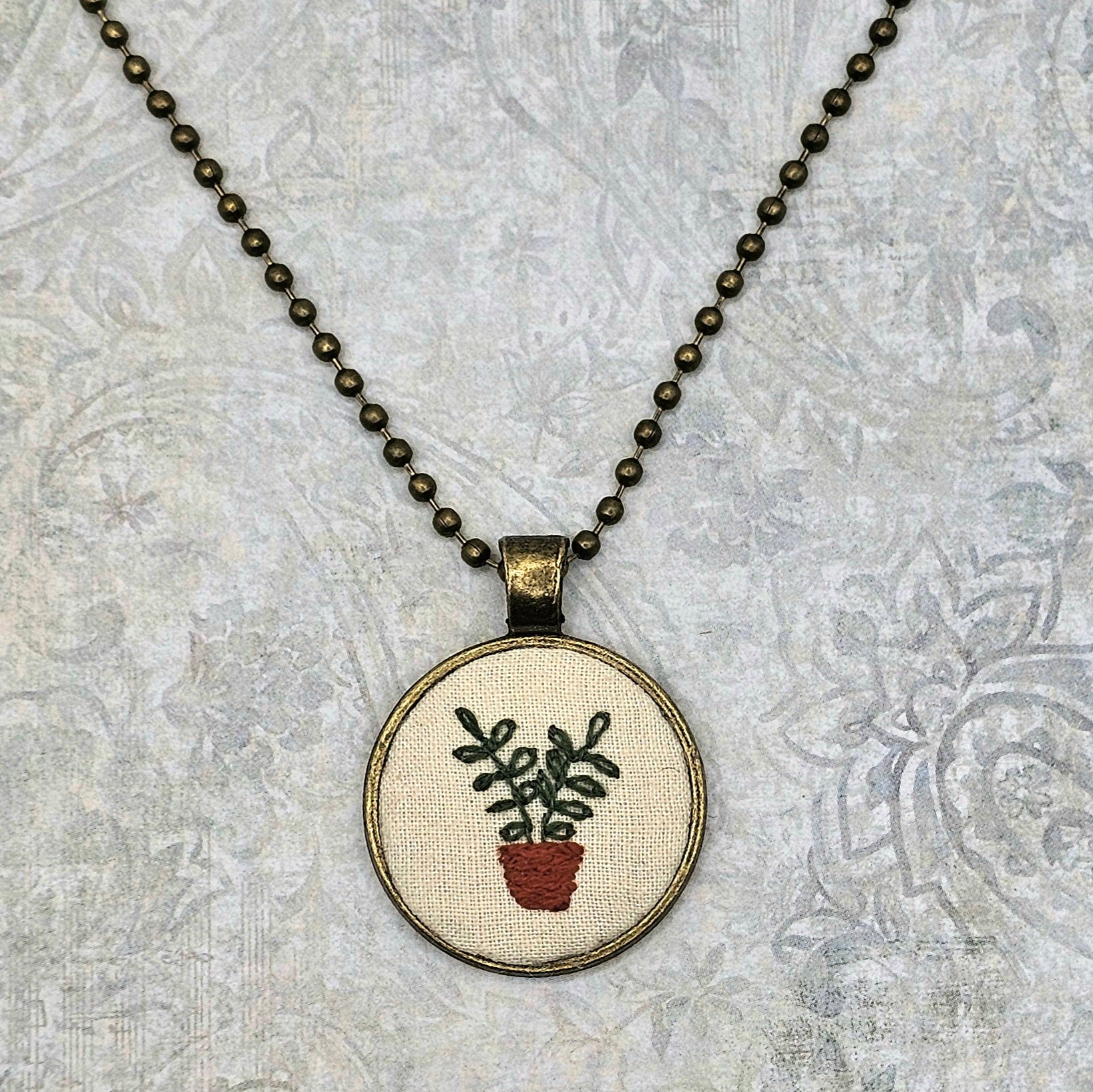 Plant Necklace -  Brass - Hand Embroidery