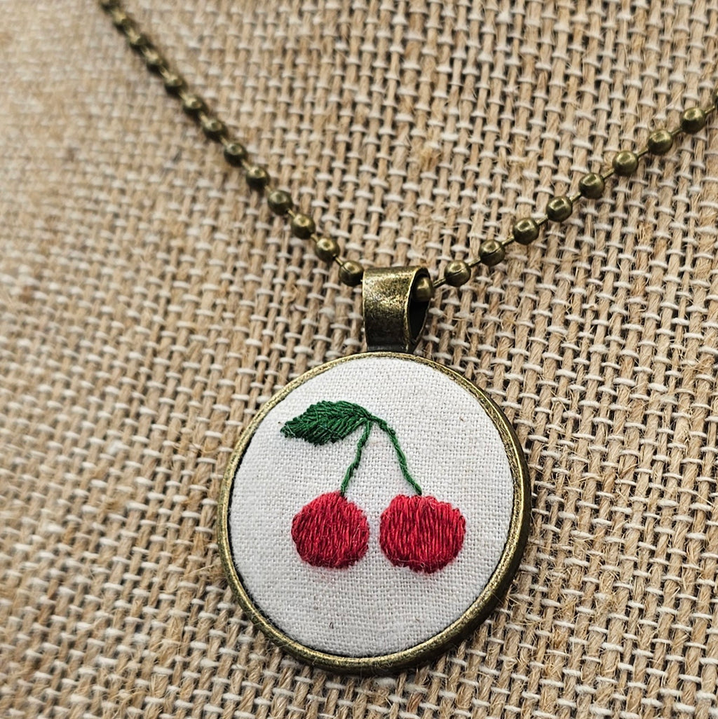 Cherry Necklace - Hand Embroidery