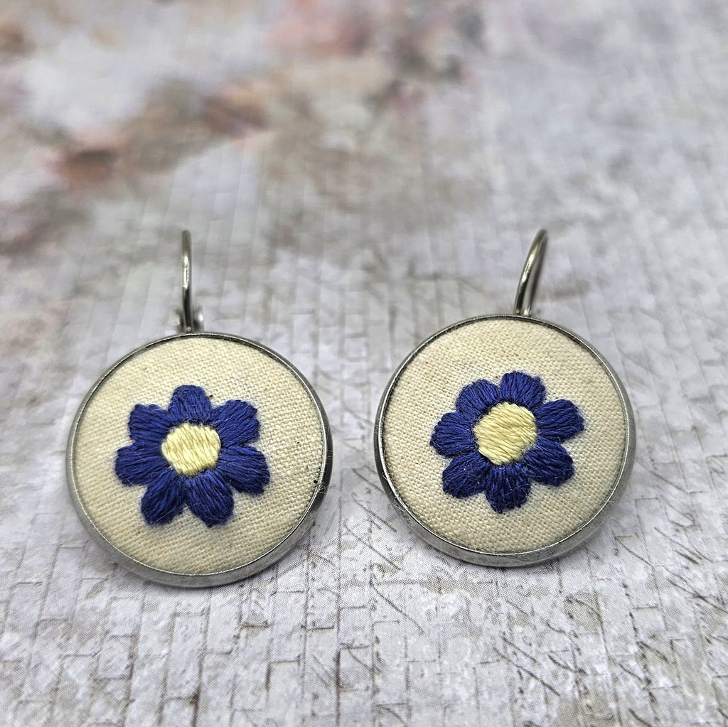 Flower Earrings Purple/Yellow - Hand Embroidery