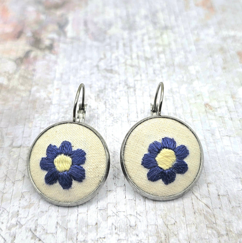 Flower Earrings Purple/Yellow - Hand Embroidery