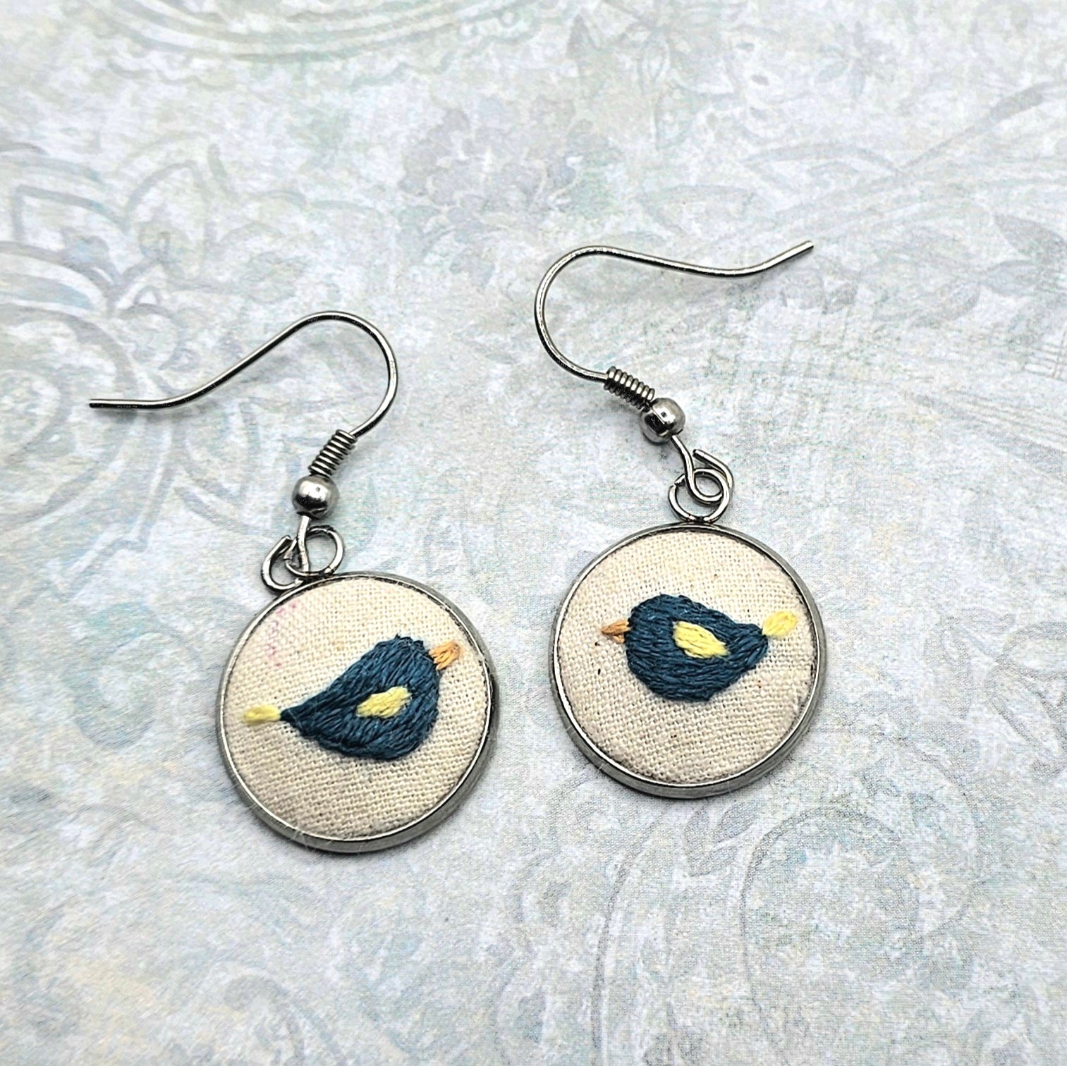 Flower Earrings Blue Bird - Hand Embroidery