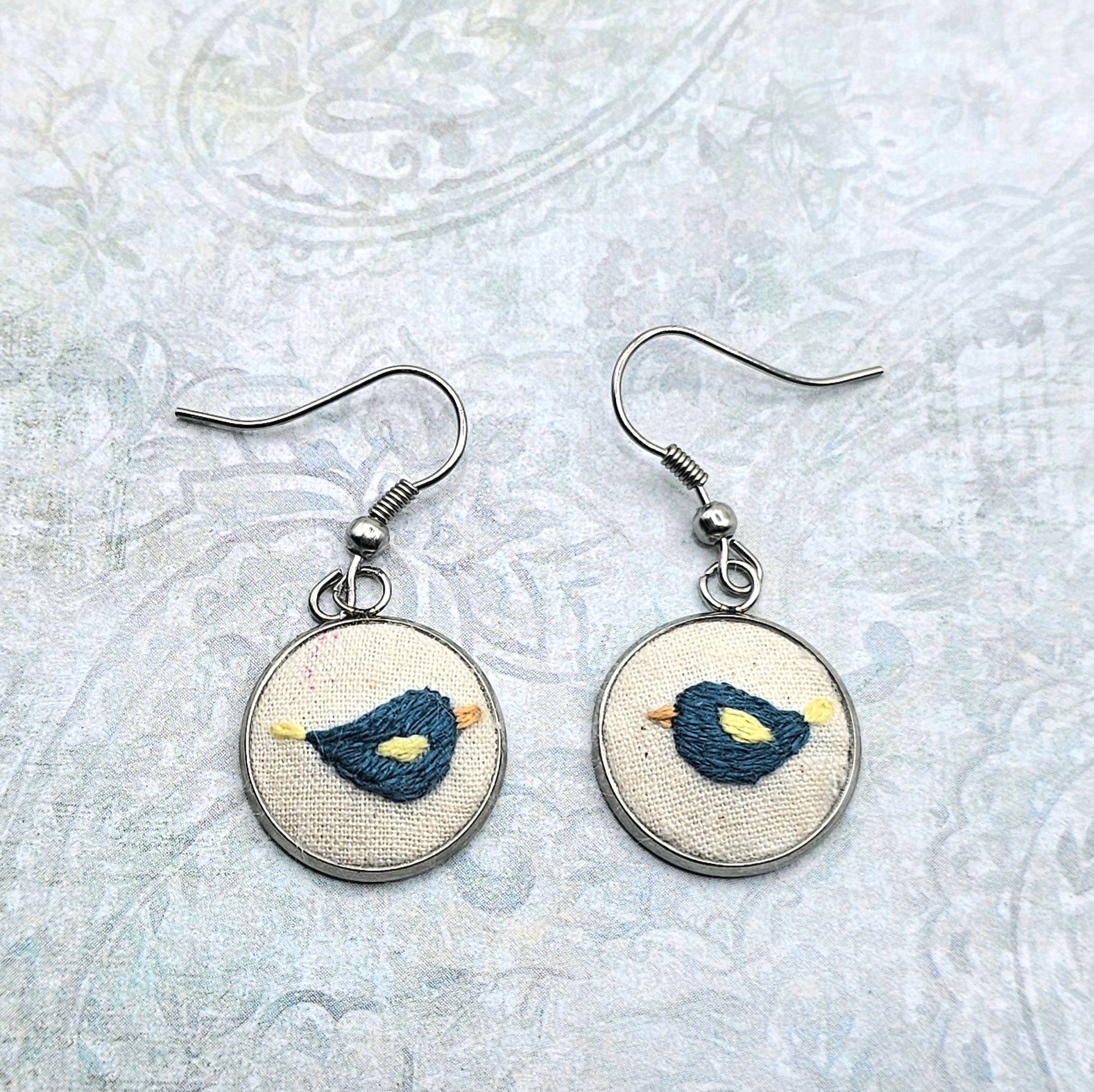 Flower Earrings Blue Bird - Hand Embroidery