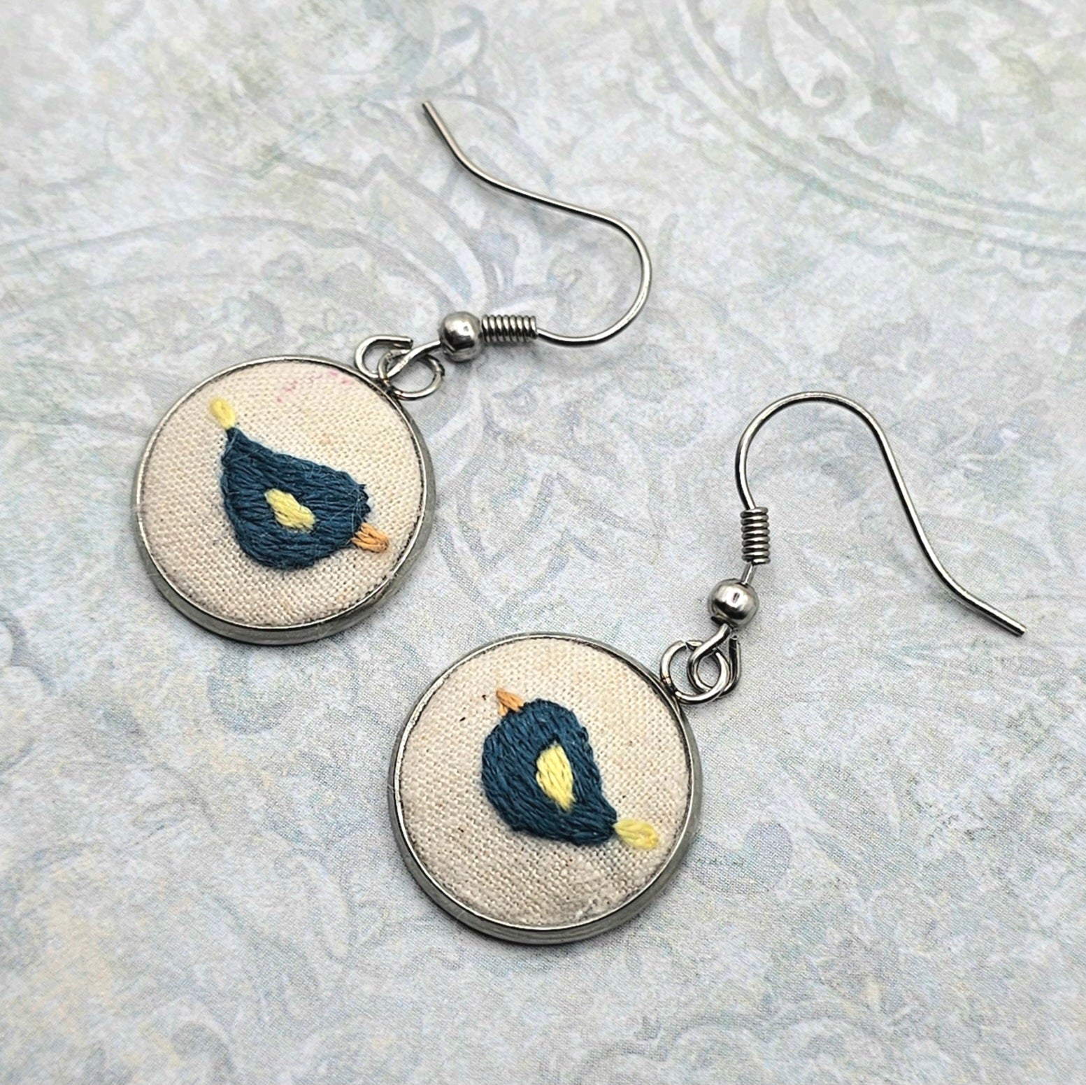 Flower Earrings Blue Bird - Hand Embroidery