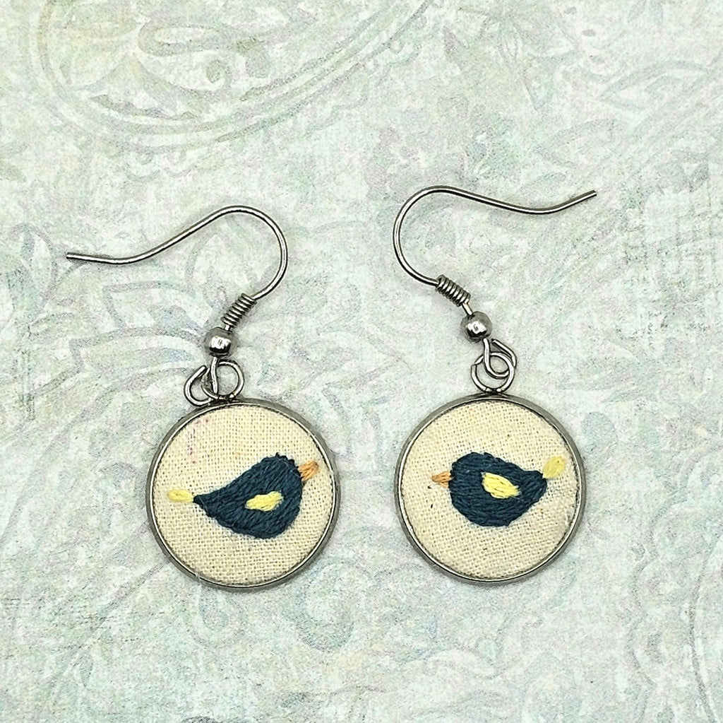 Flower Earrings Blue Bird - Hand Embroidery