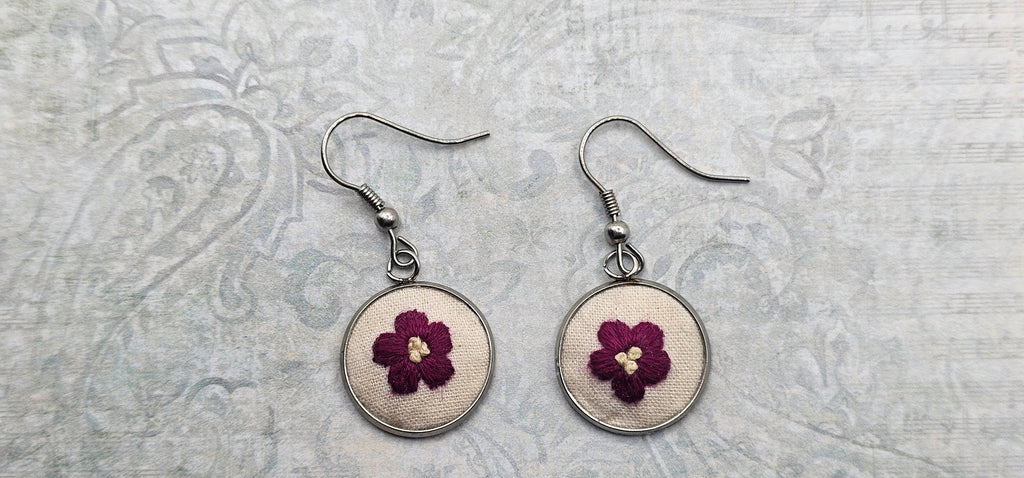 Flower Earrings Hot Pink/Yellow - Hand Embroidery
