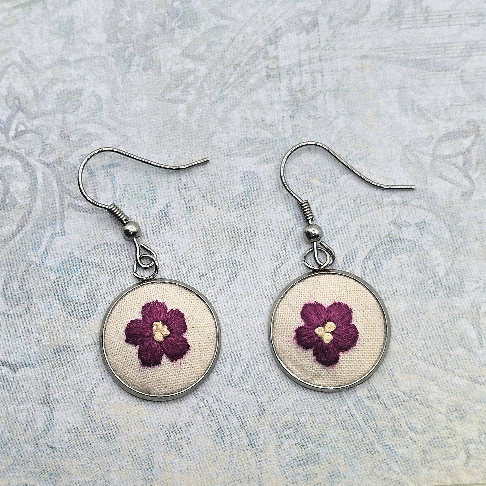 Flower Earrings Hot Pink/Yellow - Hand Embroidery