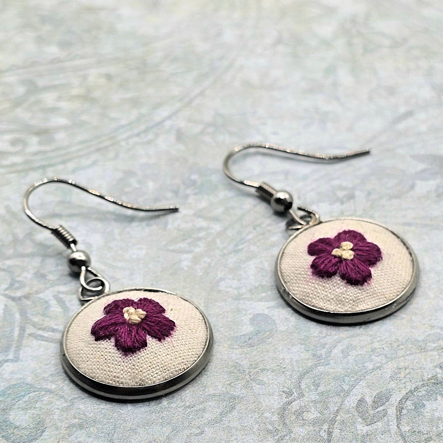Flower Earrings Hot Pink/Yellow - Hand Embroidery