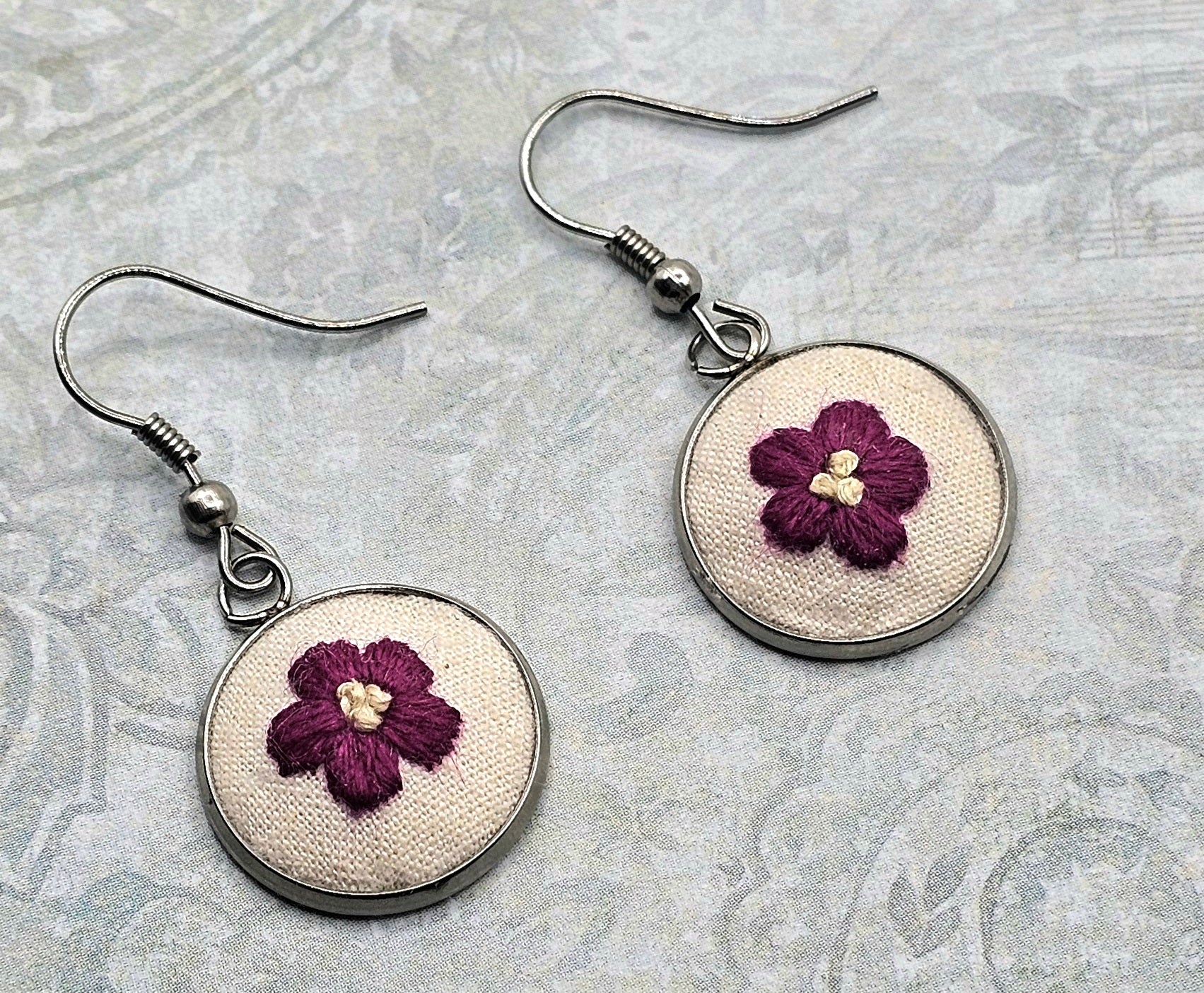 Flower Earrings Hot Pink/Yellow - Hand Embroidery