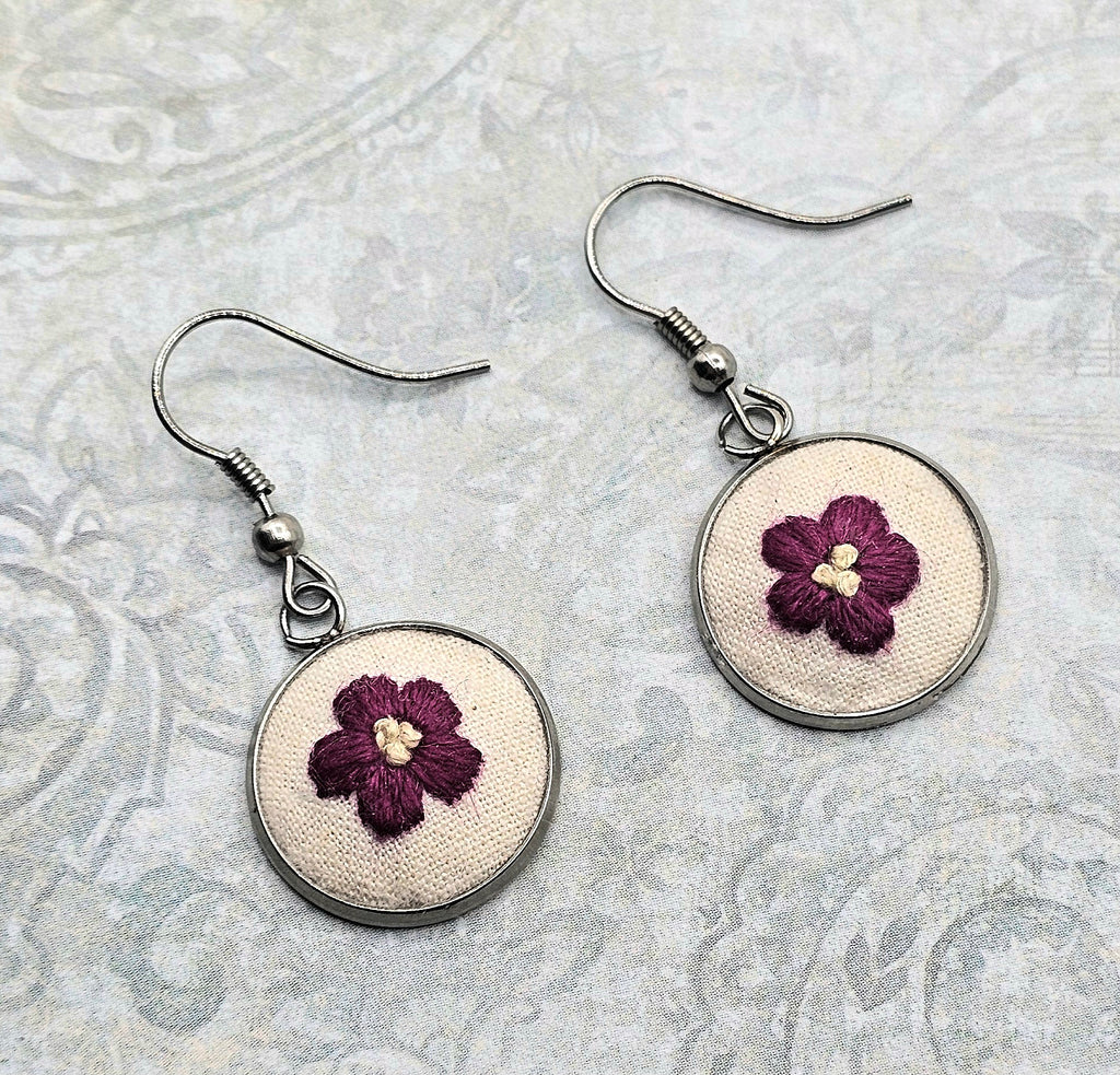 Flower Earrings Hot Pink/Yellow - Hand Embroidery