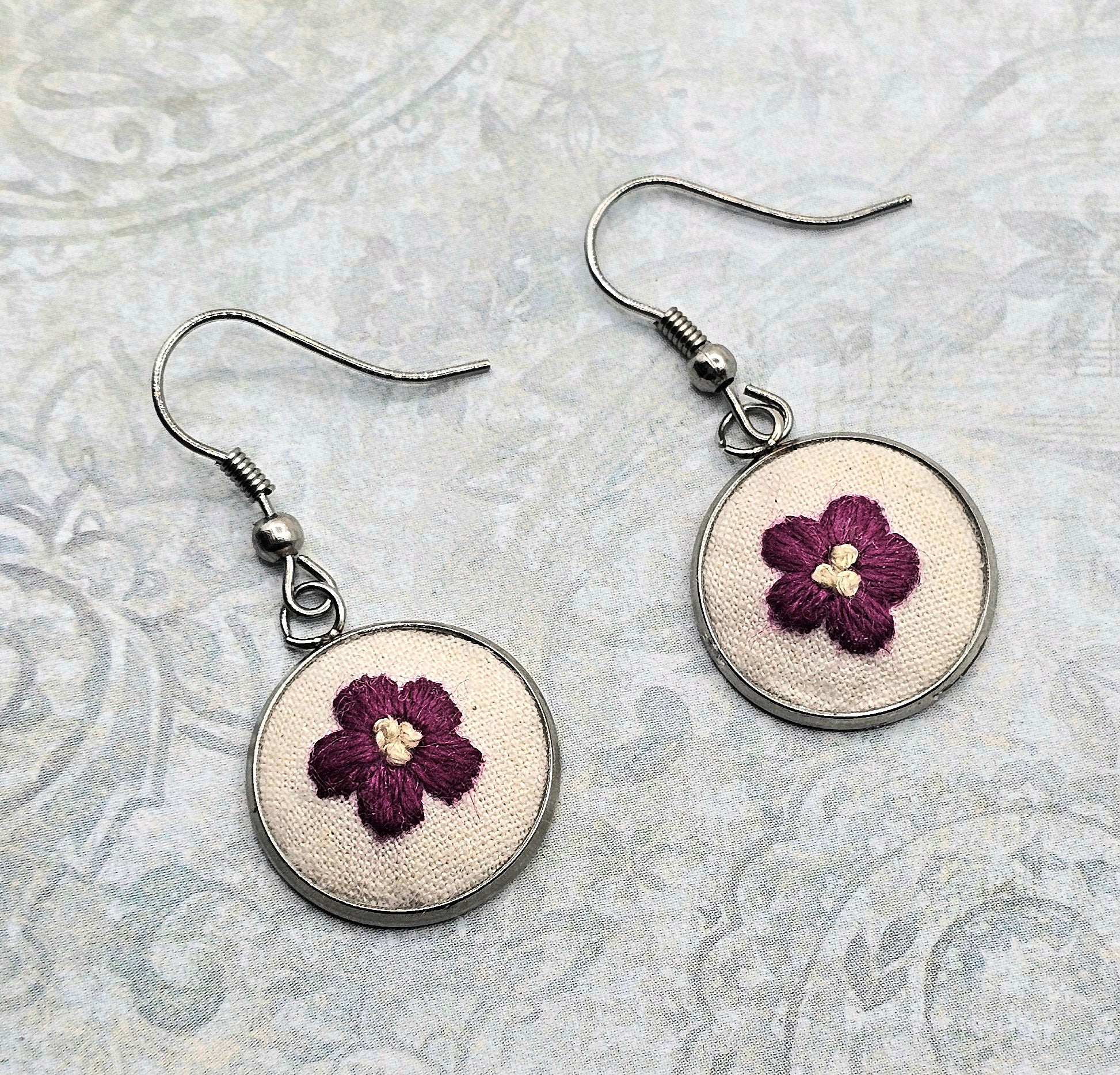 Flower Earrings Hot Pink/Yellow - Hand Embroidery
