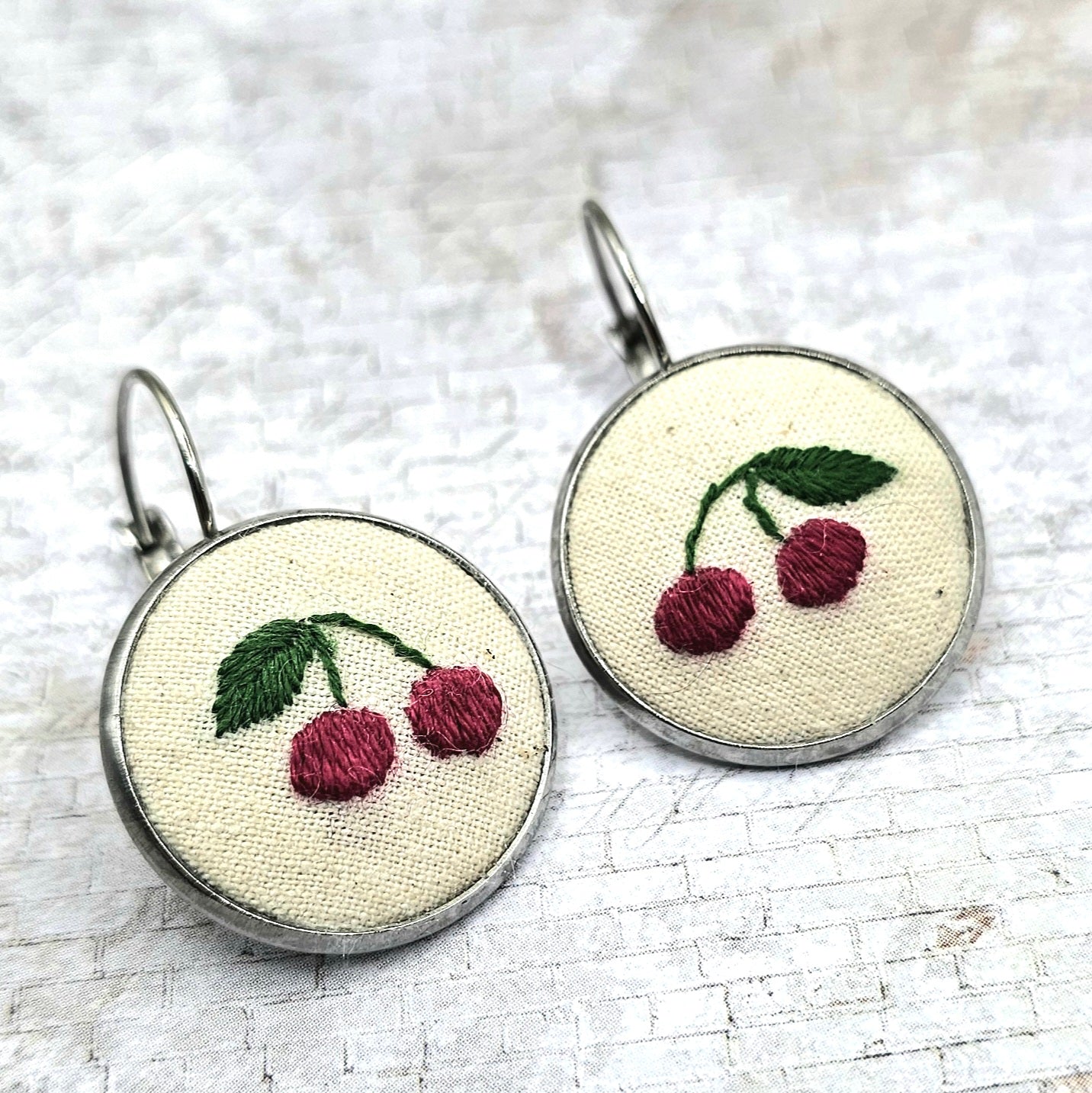 Cherry Earrings - Silver - Hand Embroidery