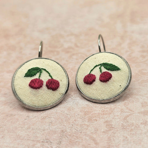 Cherry Earrings - Silver - Hand Embroidery