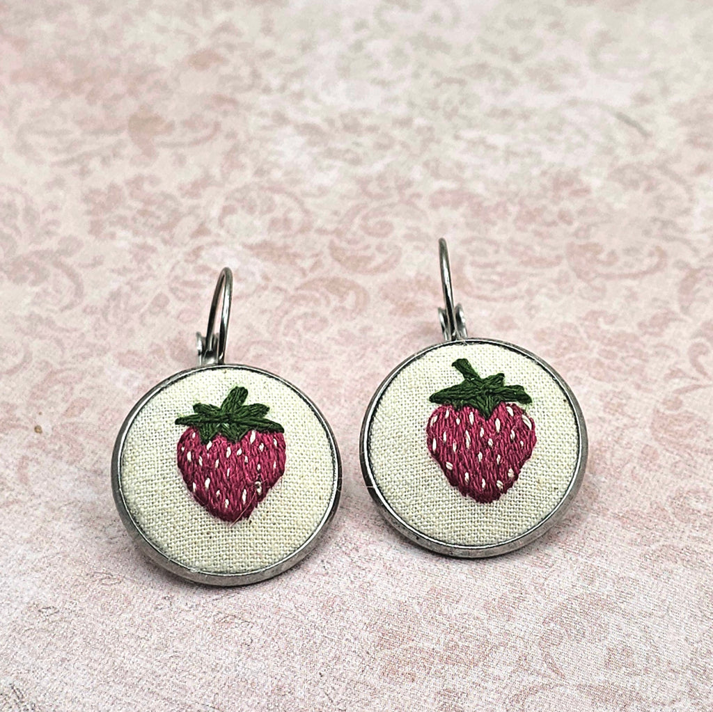 Strawberry Earrings - Silver - Hand Embroidery