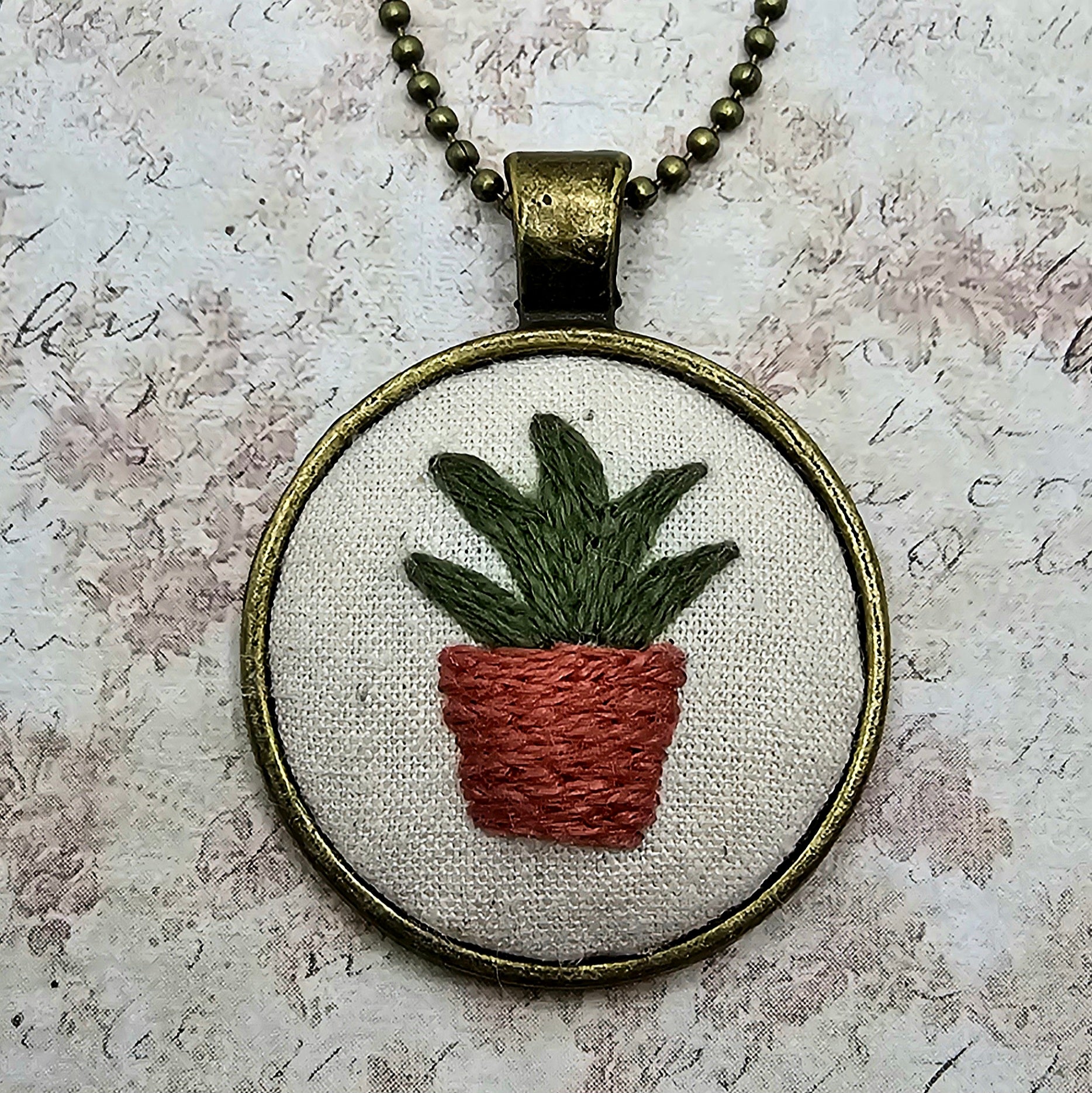 Plant Necklace -Brass- Hand Embroidery