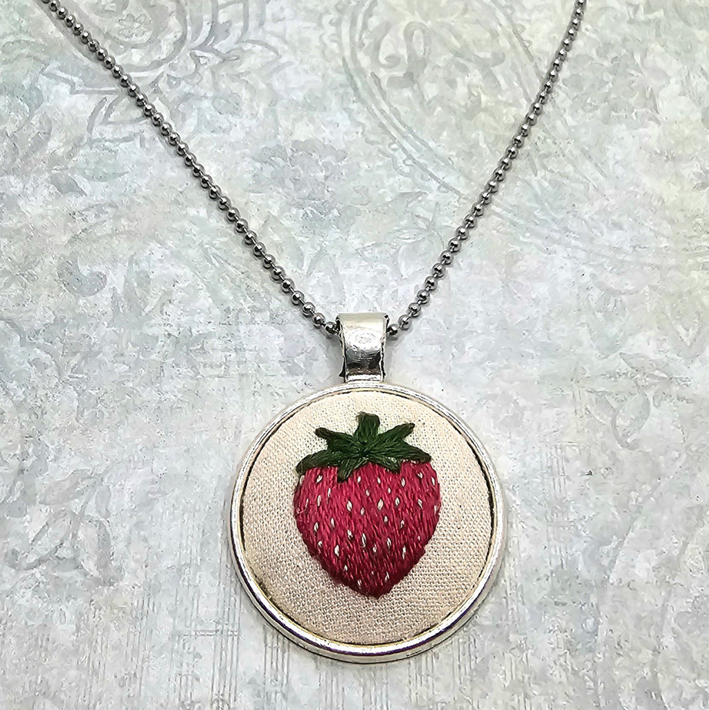Strawberry Necklace - Silver - Hand Embroidery