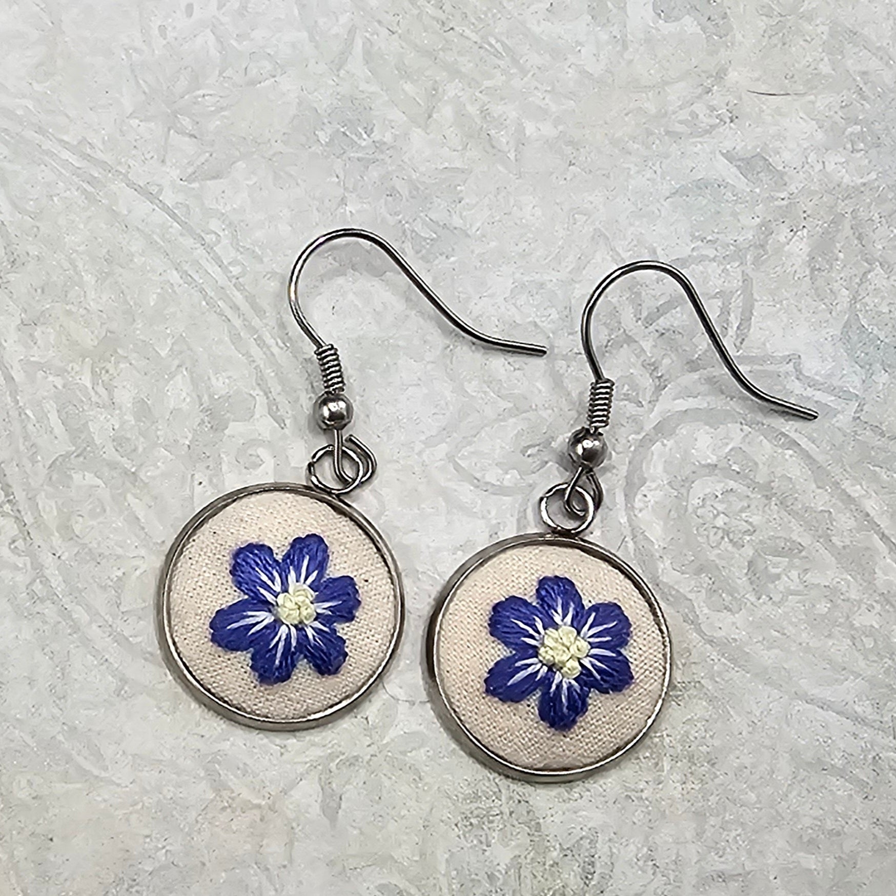 Flower Earrings - Purple/Yellow - Silver - Hand Embroidery