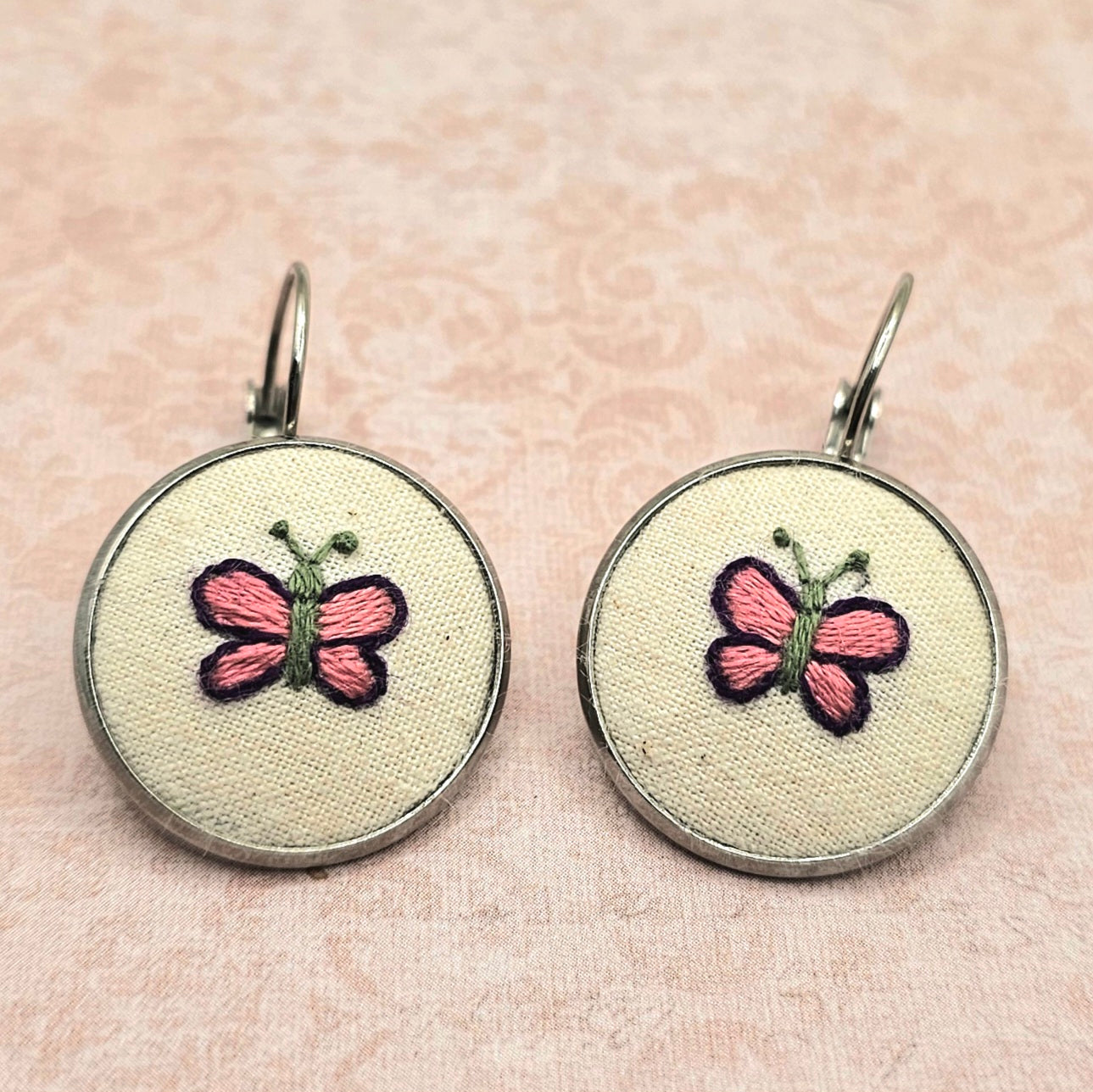 Butterfly Earrings Purple/Pink - Silver - Hand Embroidery
