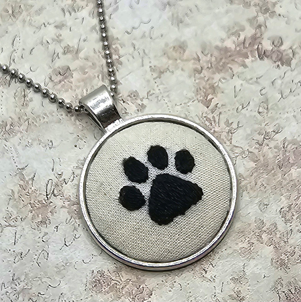 Paw Print Necklace - Silver - Hand Embroidery