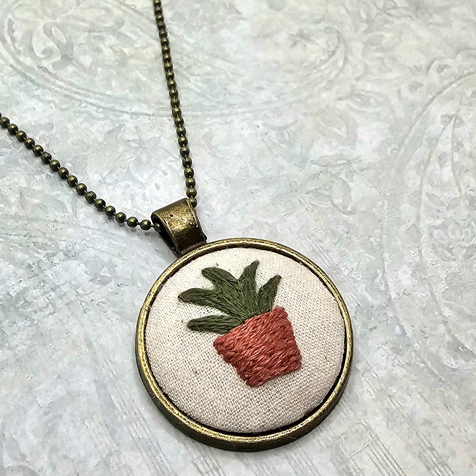 Plant Necklace -Brass- Hand Embroidery