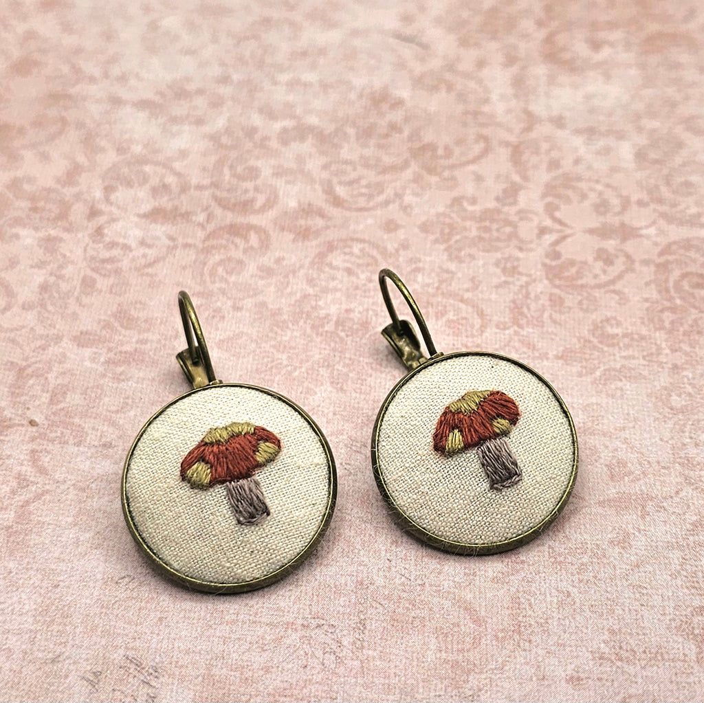 Mushroom Earrings - Brass - Hand Embroidery