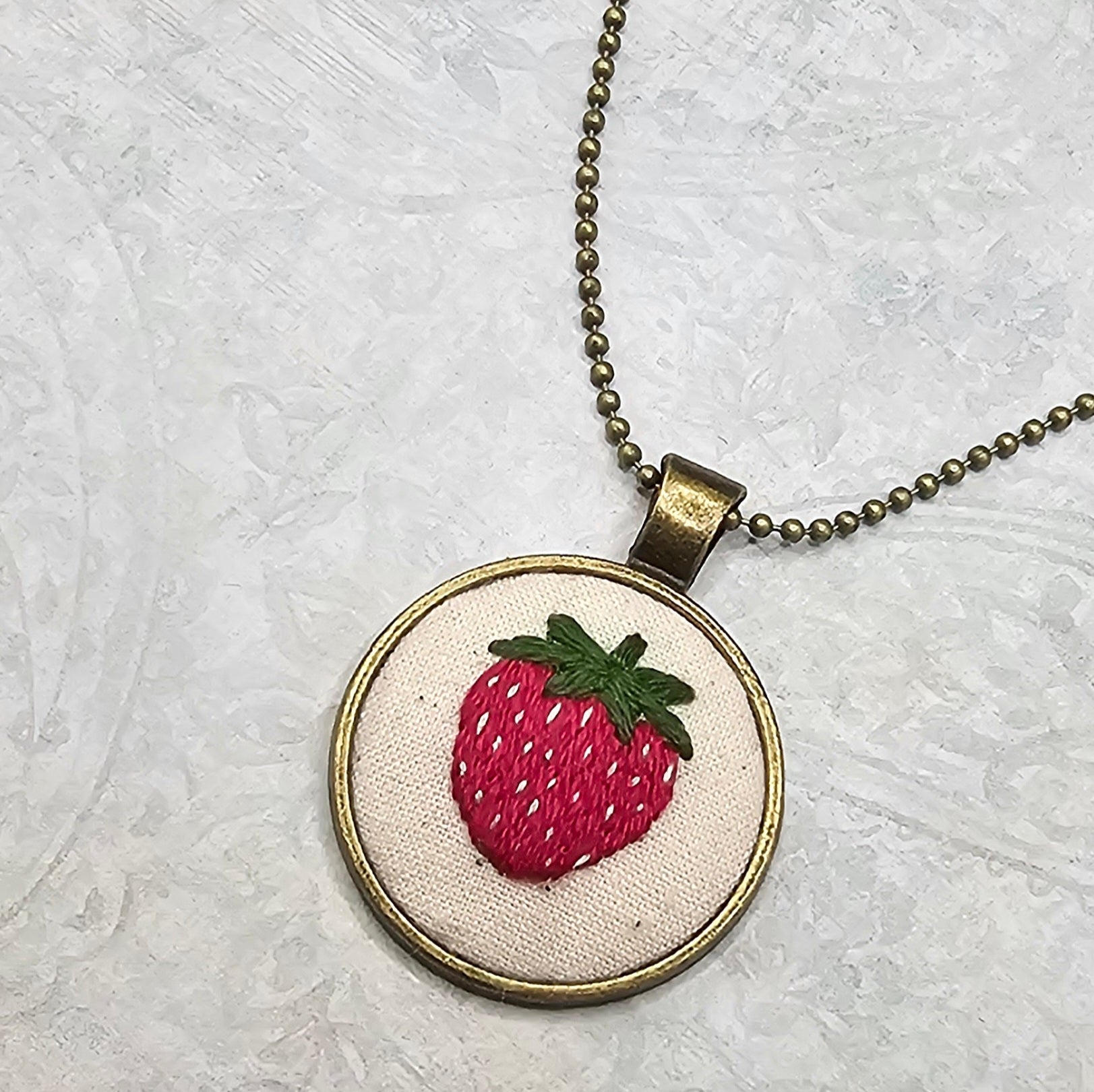 Strawberry Necklace - Brass - Hand Embroidery
