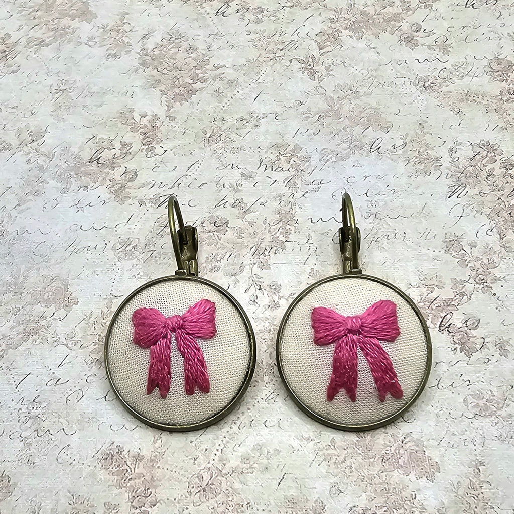 Pink Bow - Brass - Earrings - Hand Embroidery