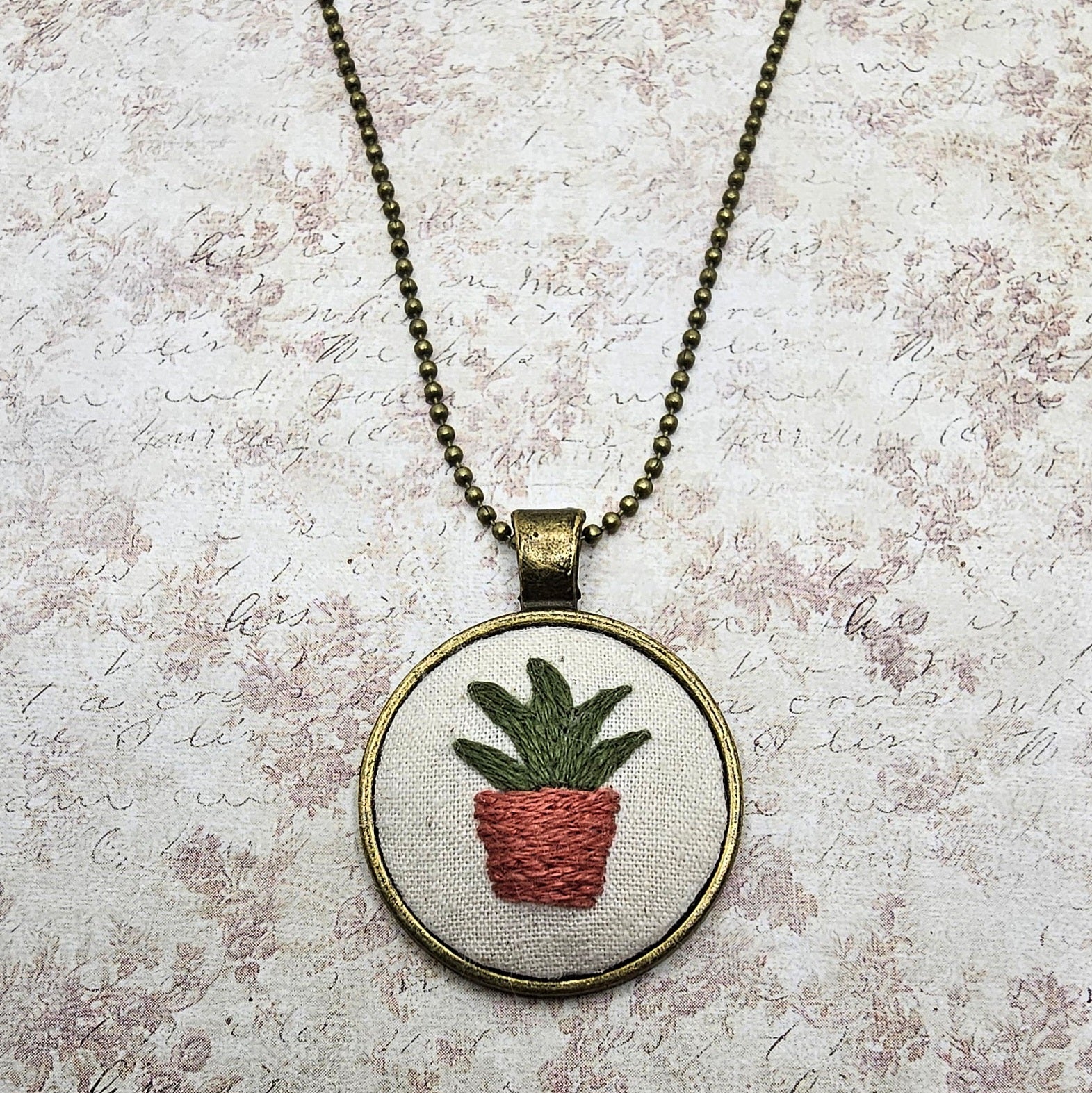 Plant Necklace -Brass- Hand Embroidery