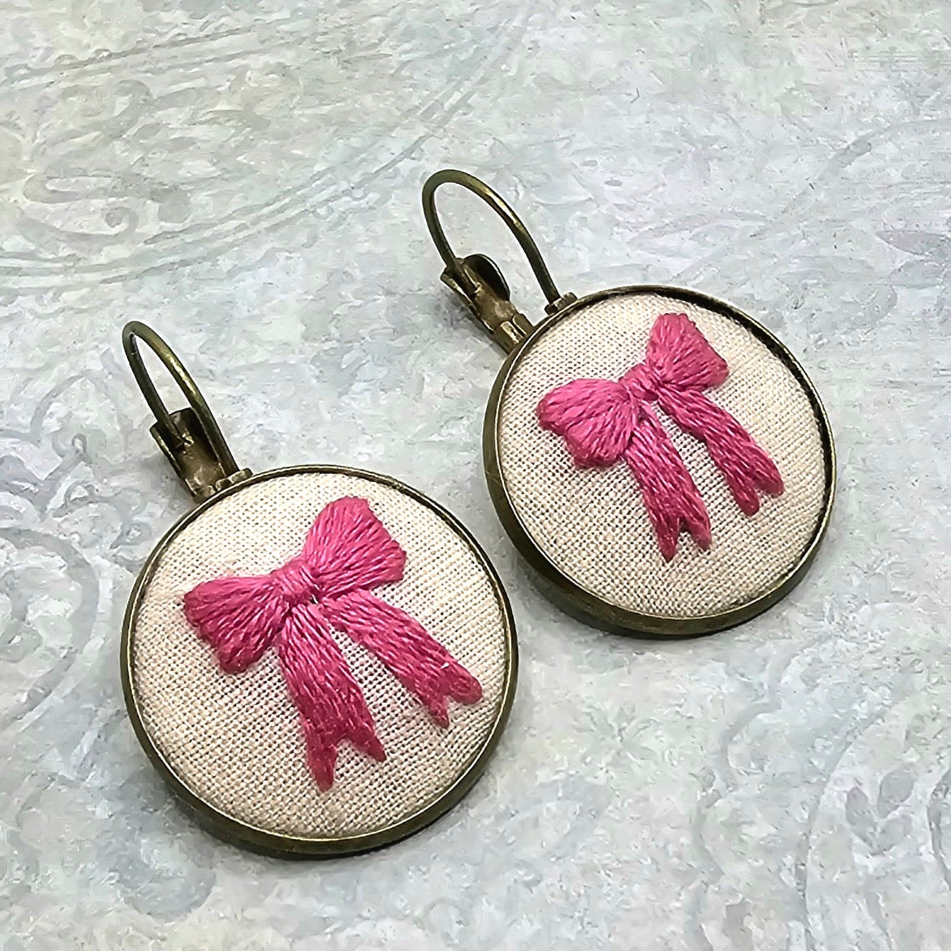 Pink Bow - Brass - Earrings - Hand Embroidery