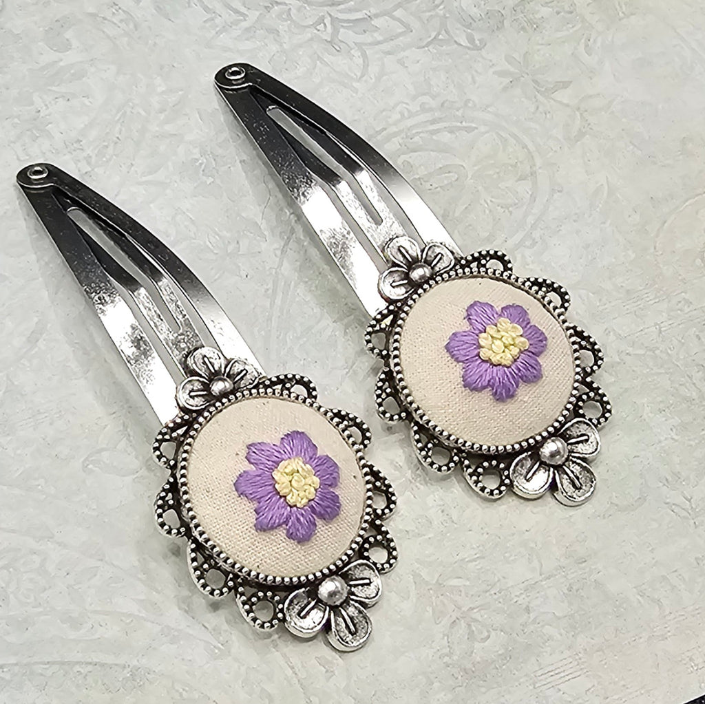 Flower Barrettes - Lavender/Yellow - Silver - Hand Embroidery