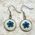 Flower Earrings - Teal/Purple - Silver - Hand Embroidery