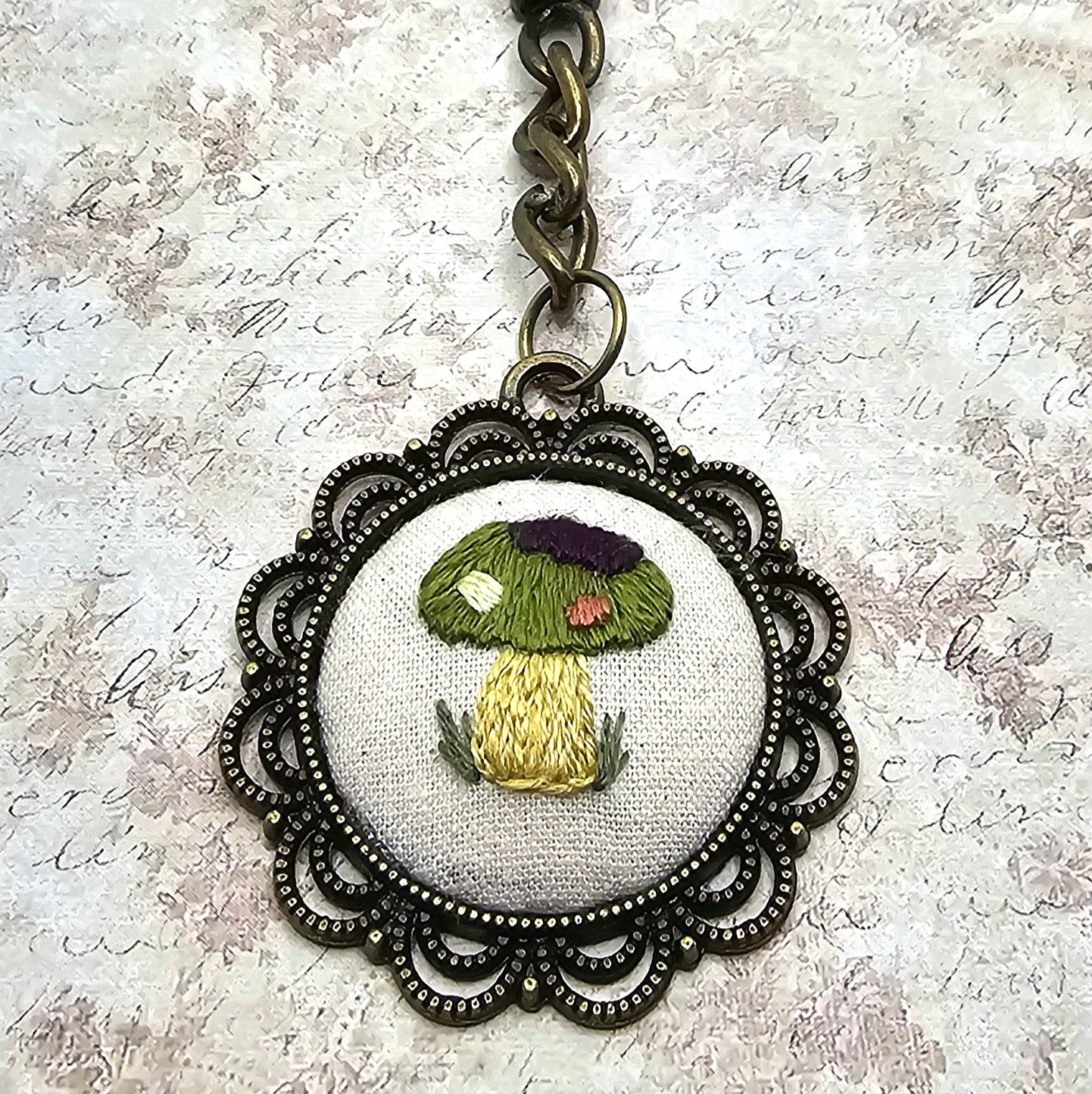 Mushroom Keychain - Brass - Hand Embroidery