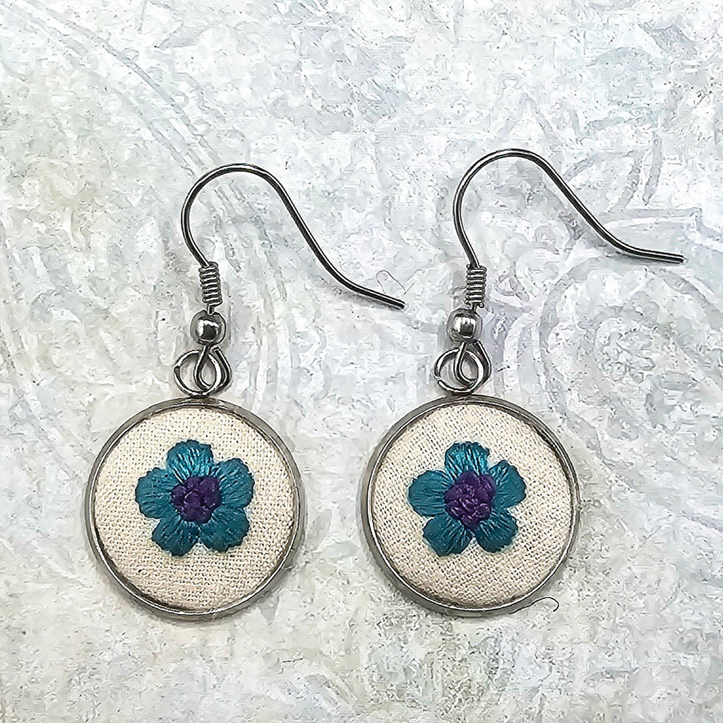 Flower Earrings - Teal/Purple - Silver - Hand Embroidery
