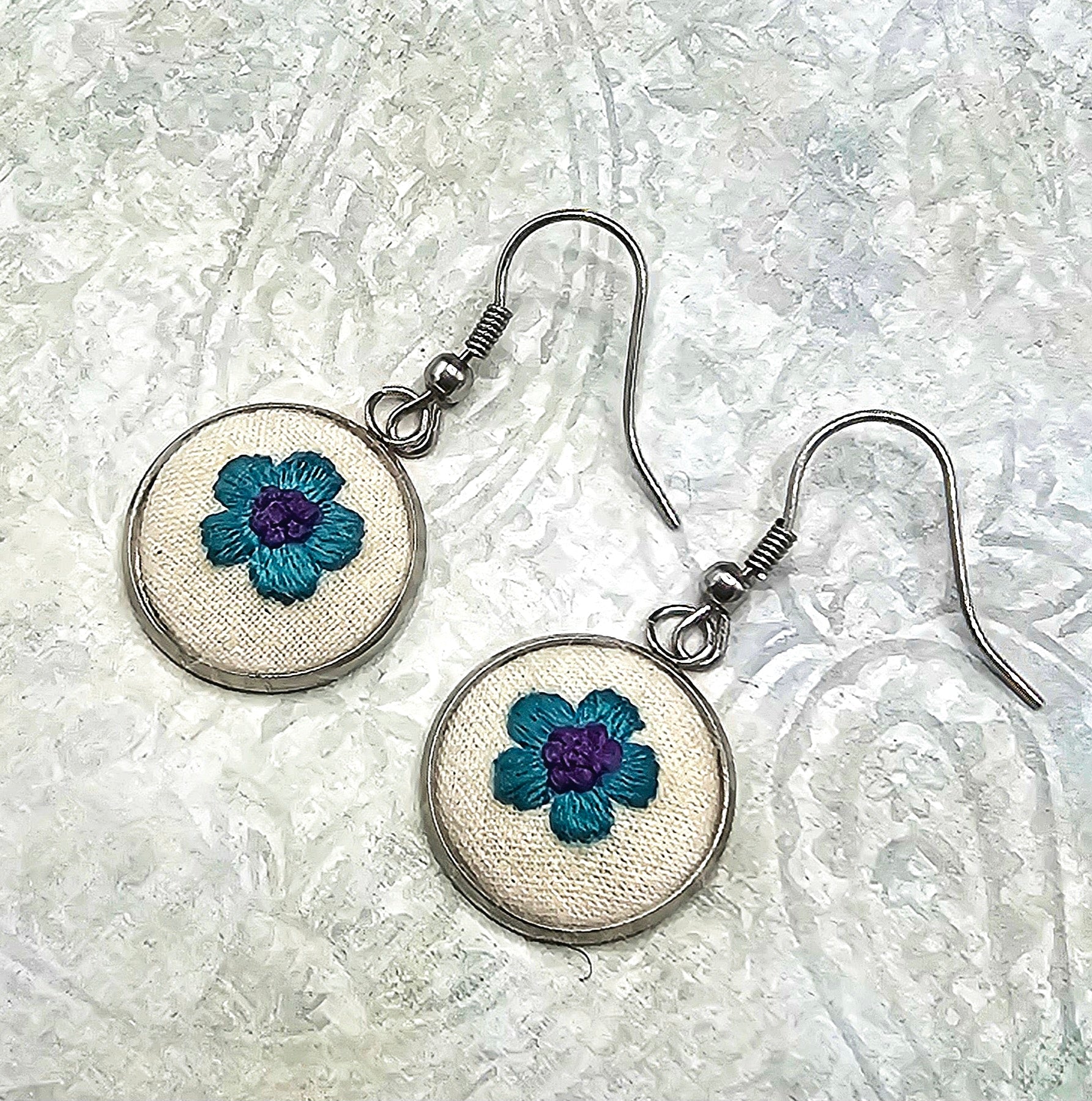 Flower Earrings - Teal/Purple - Silver - Hand Embroidery