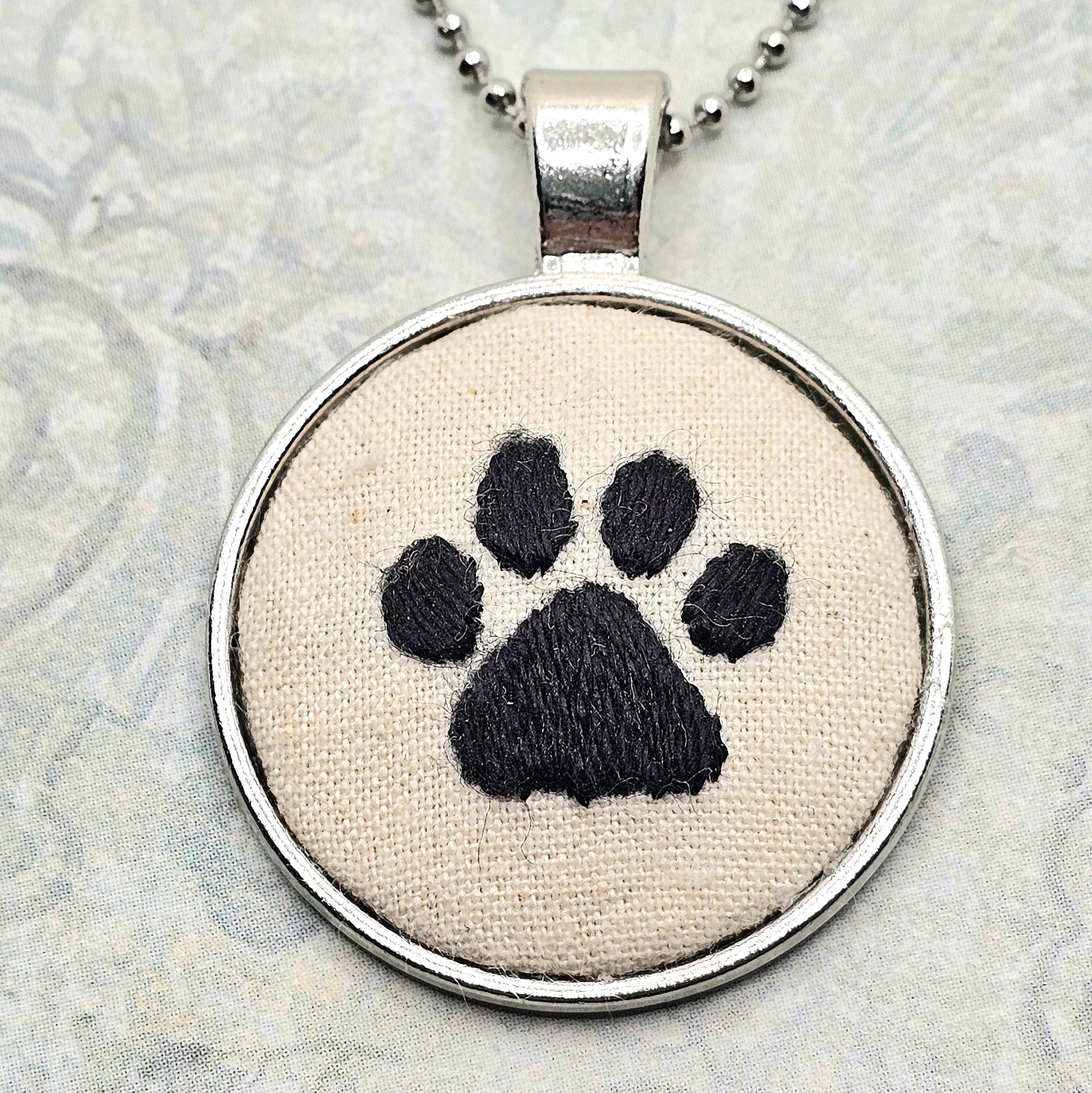 Paw Print Necklace - Silver - Hand Embroidery