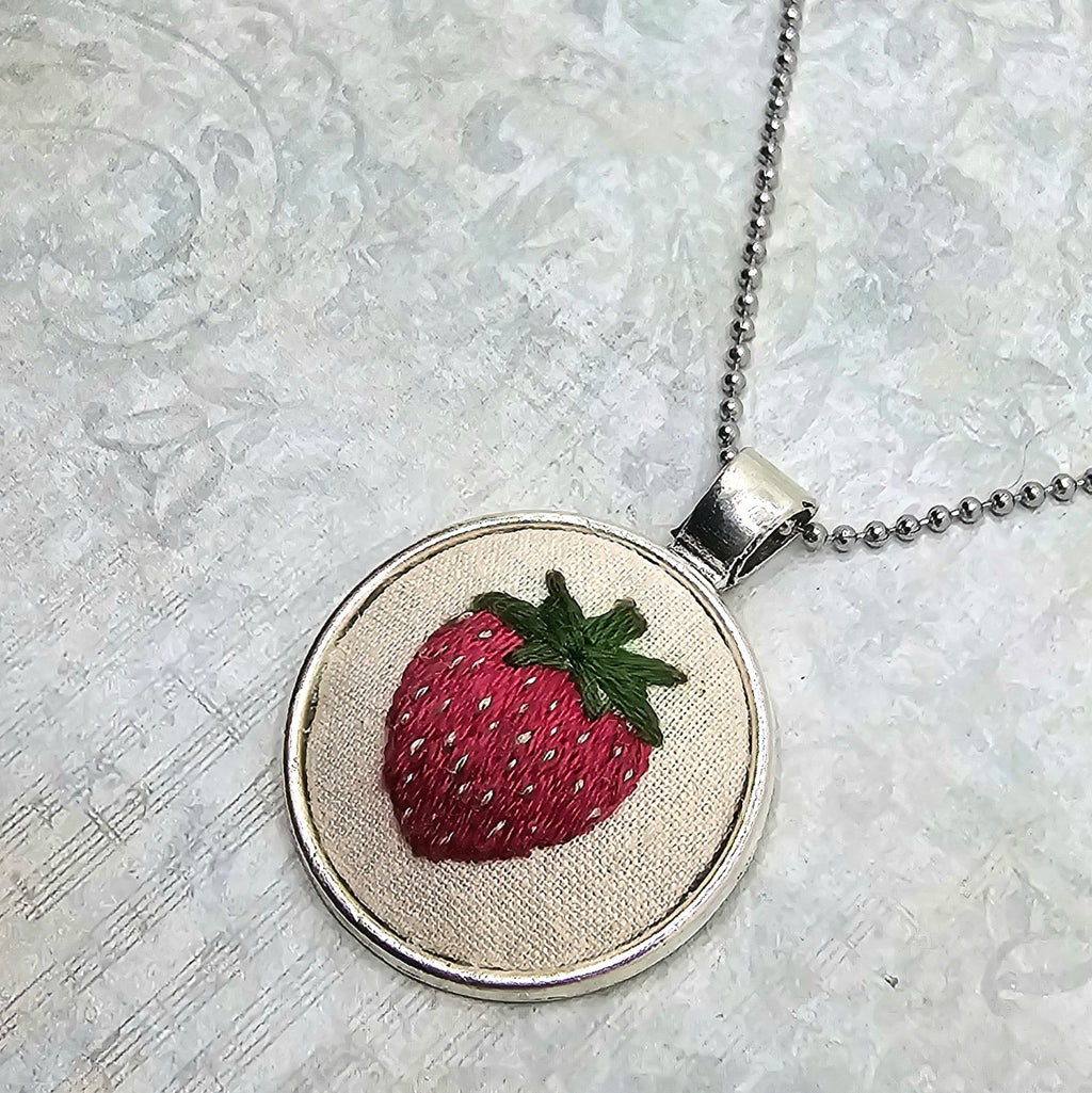 Strawberry Necklace - Silver - Hand Embroidery