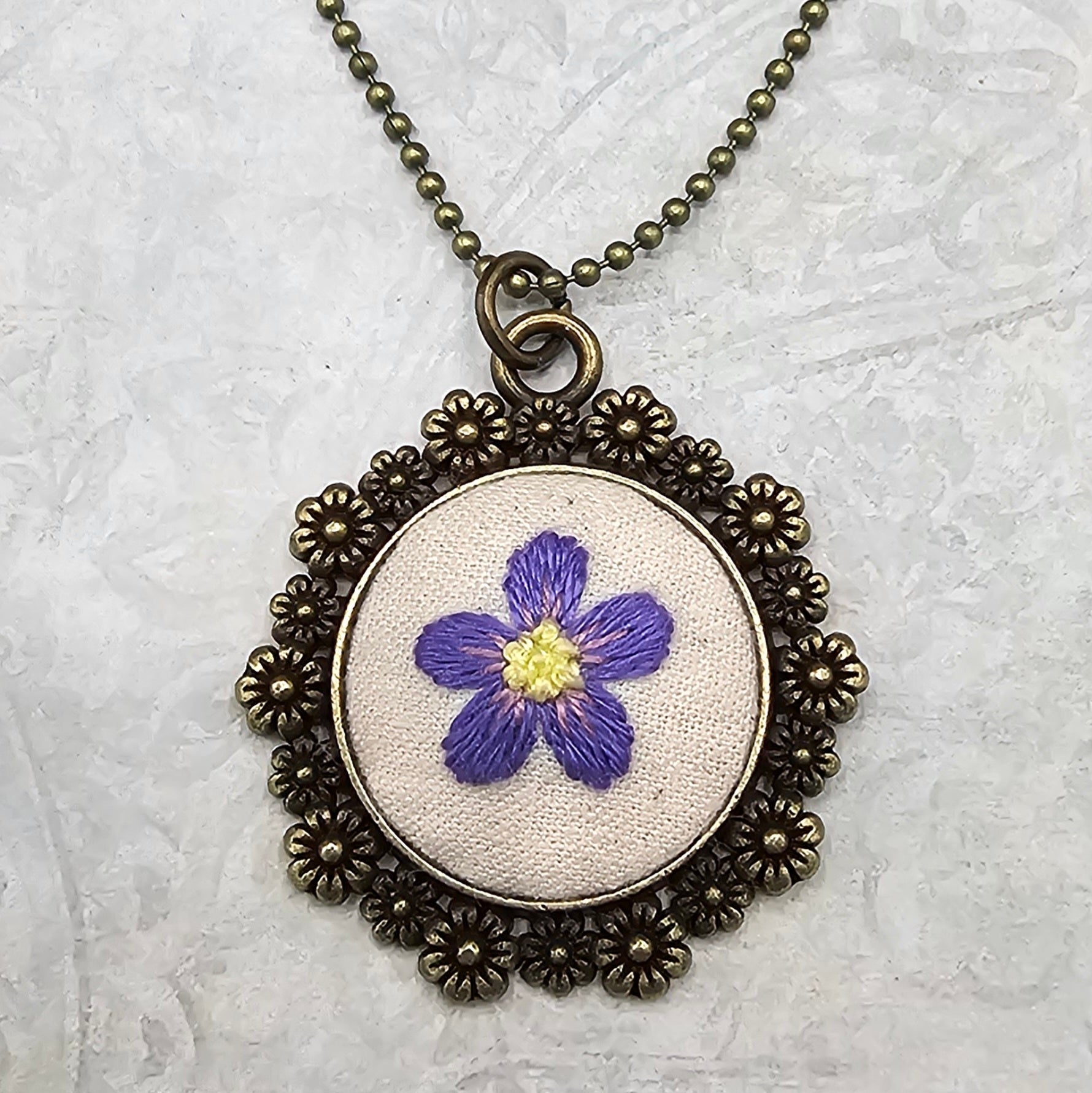 Purple/Yellow Flower Necklace - Brass - Hand Embroidery